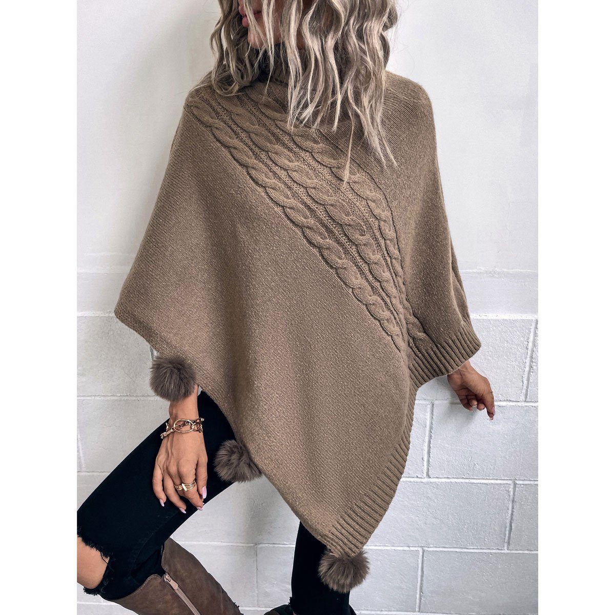 Vivi Idee Strickponcho Damen Strickponcho mit Kragen, Winter warme Schal Pu günstig online kaufen