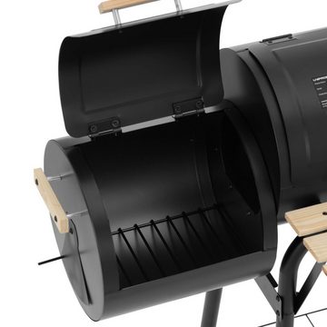 Uniprodo Holzkohlegrill Grill mit Smoker Eisen, Holz 2 Kammern 2 Ablagen Holzkohlegrill