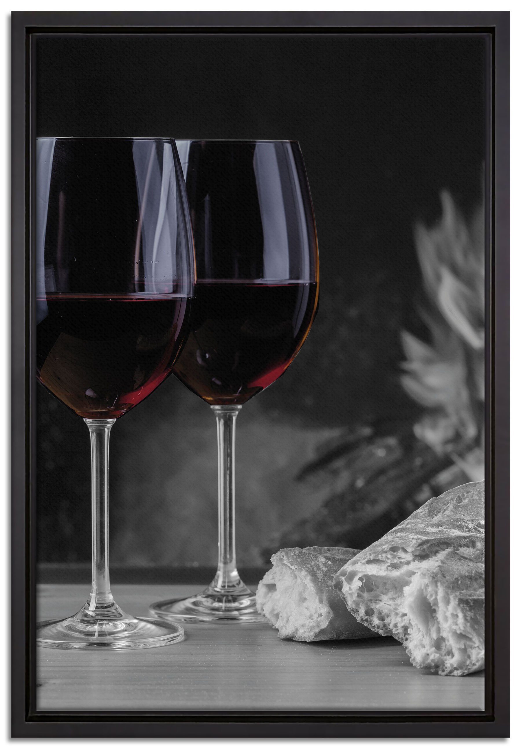Pixxprint Leinwandbild Baguette Vino Wein Alkohol Picknick, Wanddekoration (1 St), Leinwandbild fertig bespannt, in einem Schattenfugen-Bilderrahmen gefasst, inkl. Zackenaufhänger | Leinwandbilder
