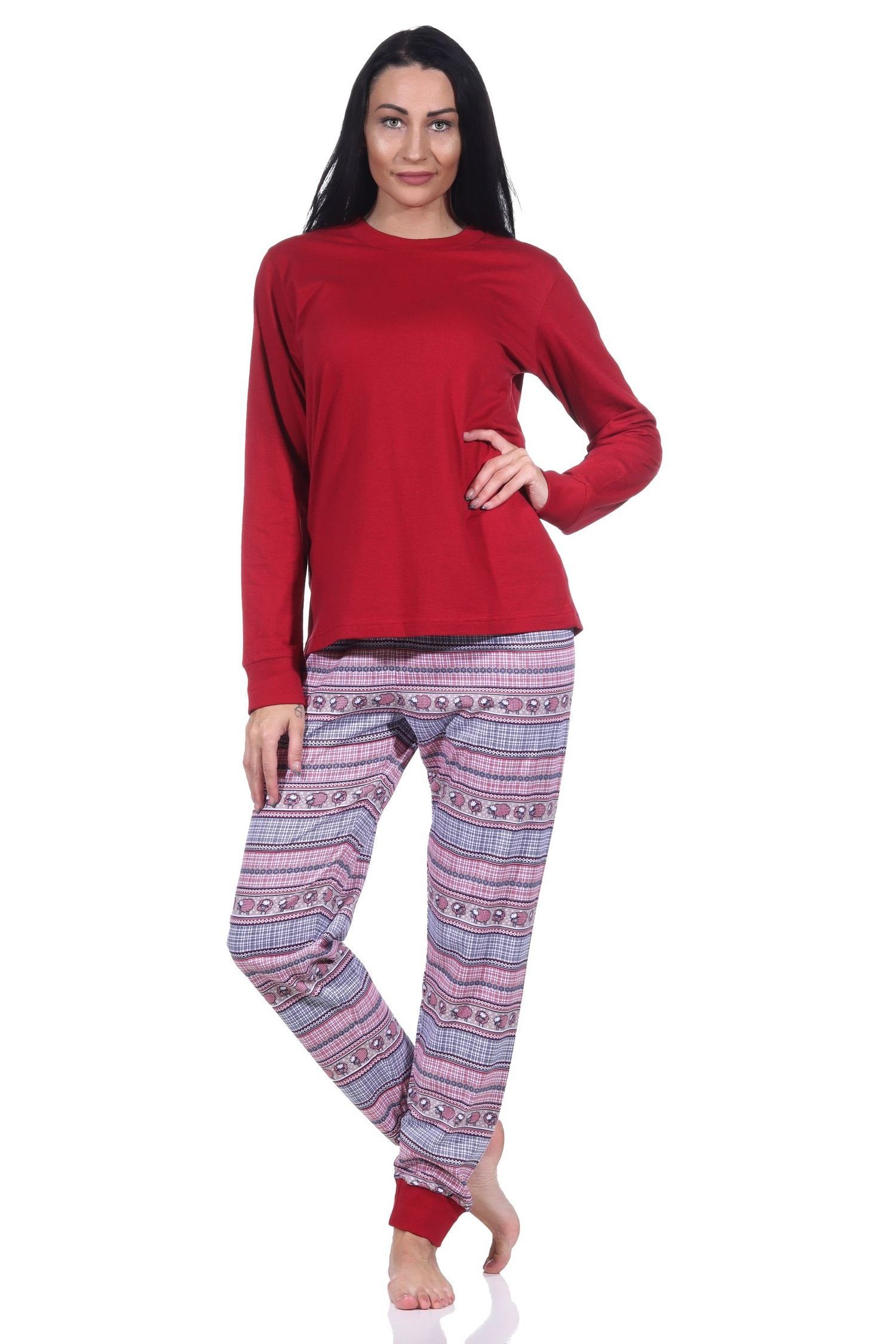 Normann Pyjama Normann Damen Schlafanzug mit Bündchen im wunderschönen Ethnolook rot