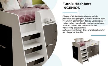 Furnix Hochbett INGENIOS 80x190 Kinderbett Etagenbett mit Schränken ohne Matratze Weiß Schreibtischfunktion, viel Stauraum, robust, Rausfallschutz
