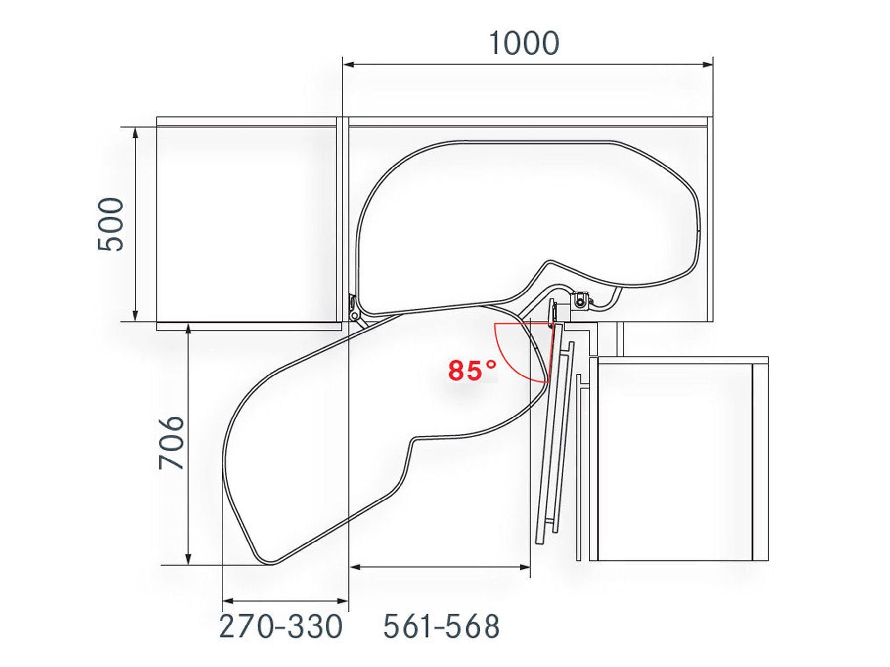 Kesseböhmer Auszugsboden 600 mm Links LeMans II Beschlag für Eckschrank, inkl. Antirutschmattenset Orga-Grip Silbergrau