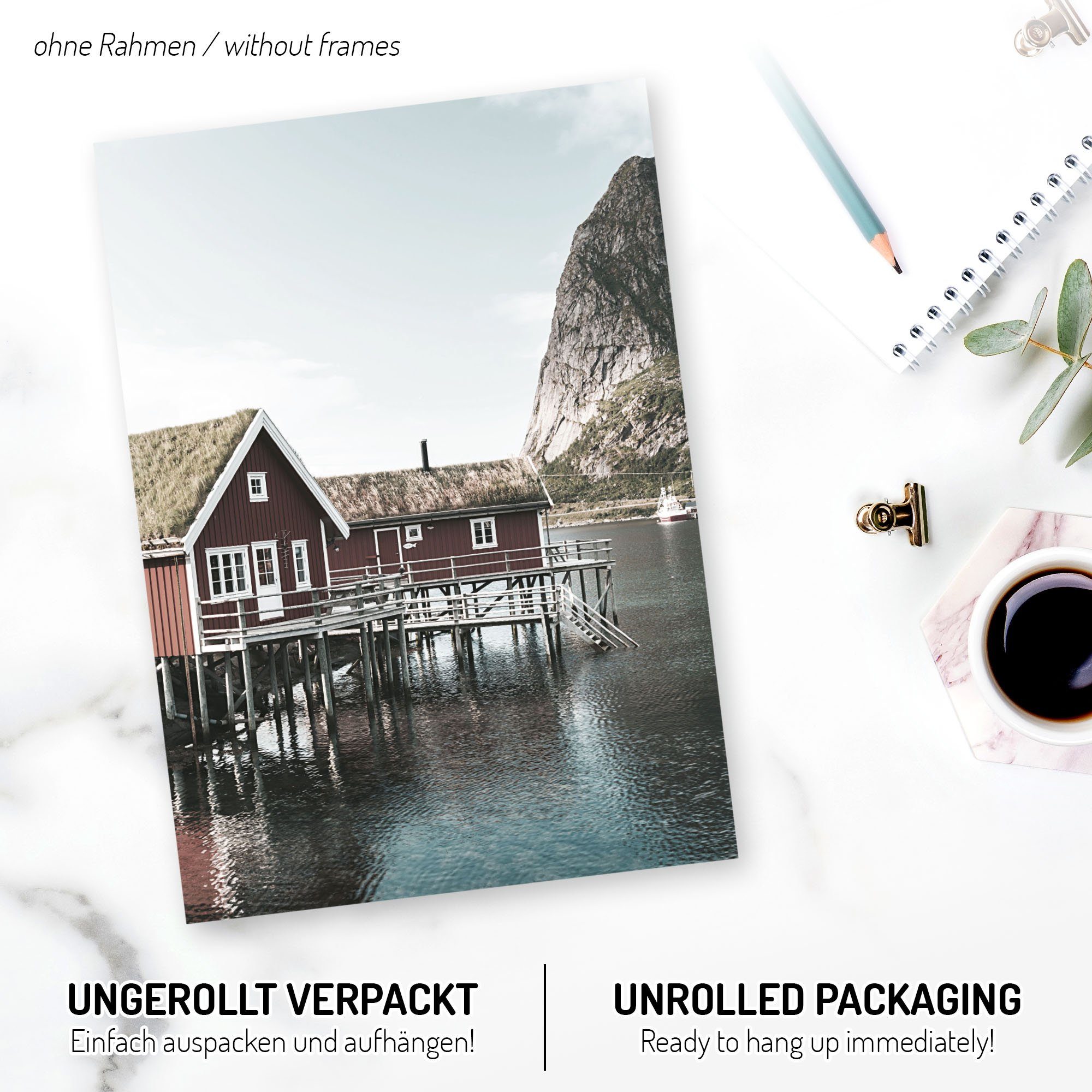 Kreative Feder Poster, Norwegen, Leuchtturm, Küste, Meer, Spruch (Set, 6 St), 6-teiliges Poster-Set, Wandbild, Posterwand, optional mit Rahmen