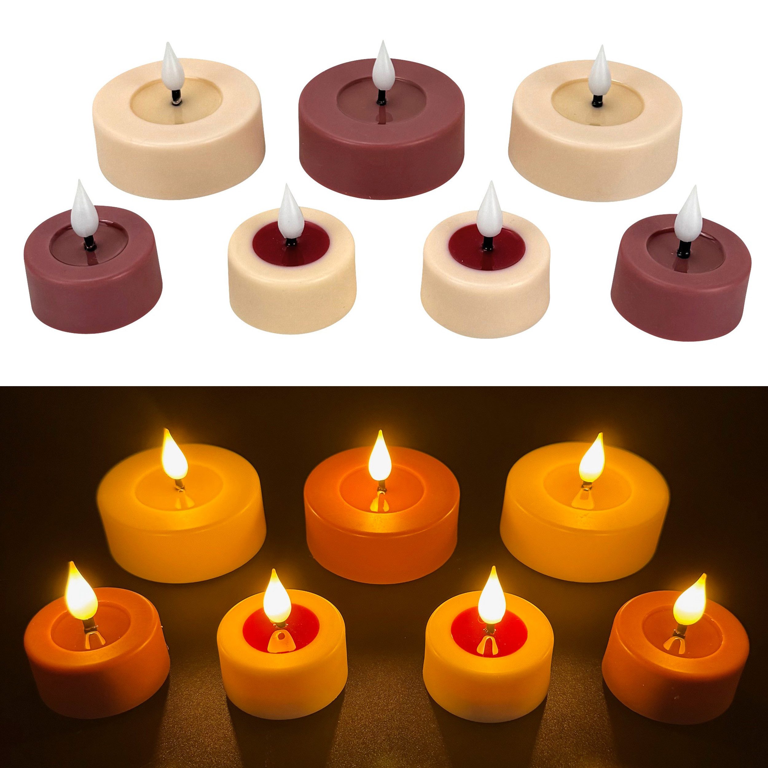 Online-Fuchs LED-Kerze 7 LED Teelichter im Set mit 6-Stunden Timer & Wachsspiegel (realistische Kerzenflamme, in sommerlichen Trendfarben), Wachsspiegel erzeugt einen täuschend echten Kerzeneffekt