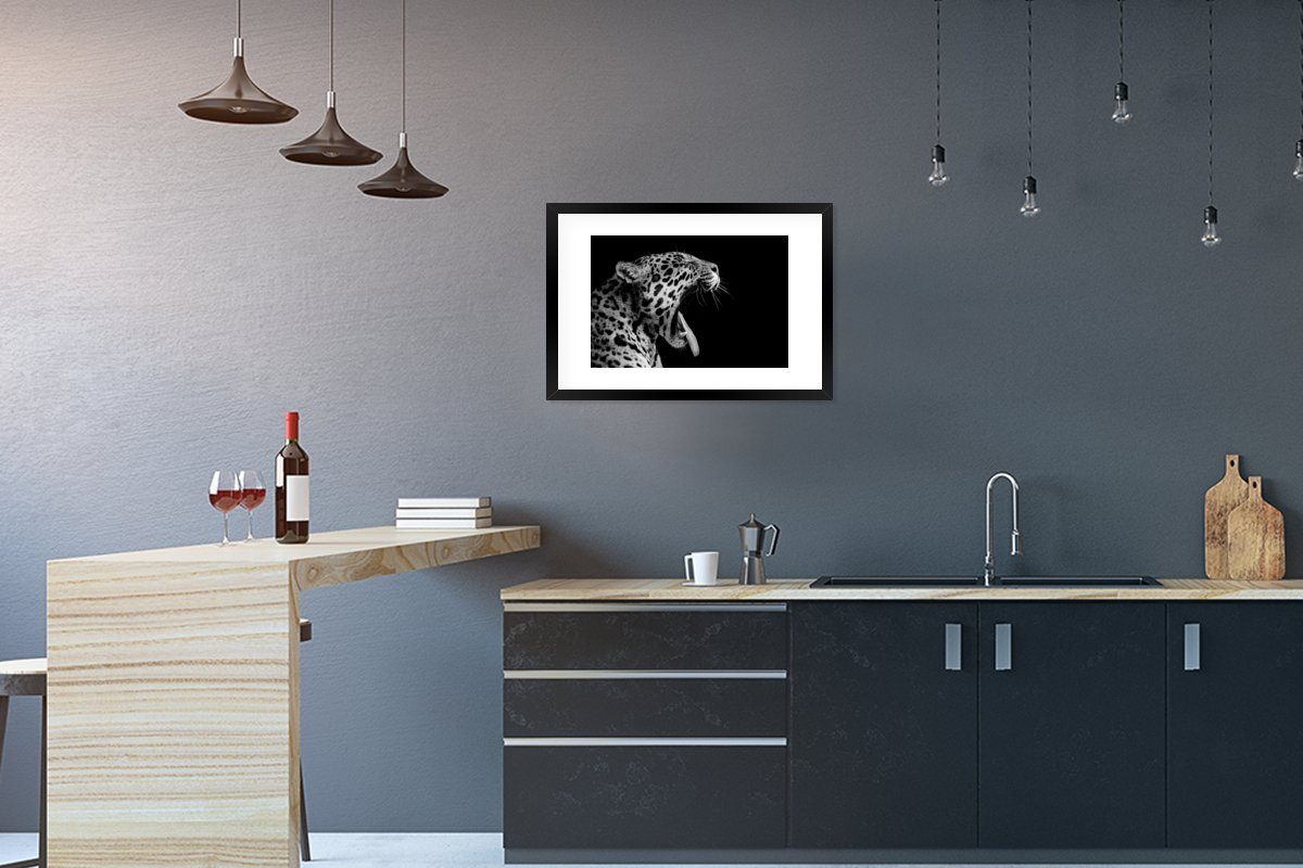 MuchoWow Poster Jaguar - Tier - Schwarz - Weiß, (1 St), mit Rahmen, Kunstdruck, Gerahmtes Poster, Schwarzem Bilderrahmen