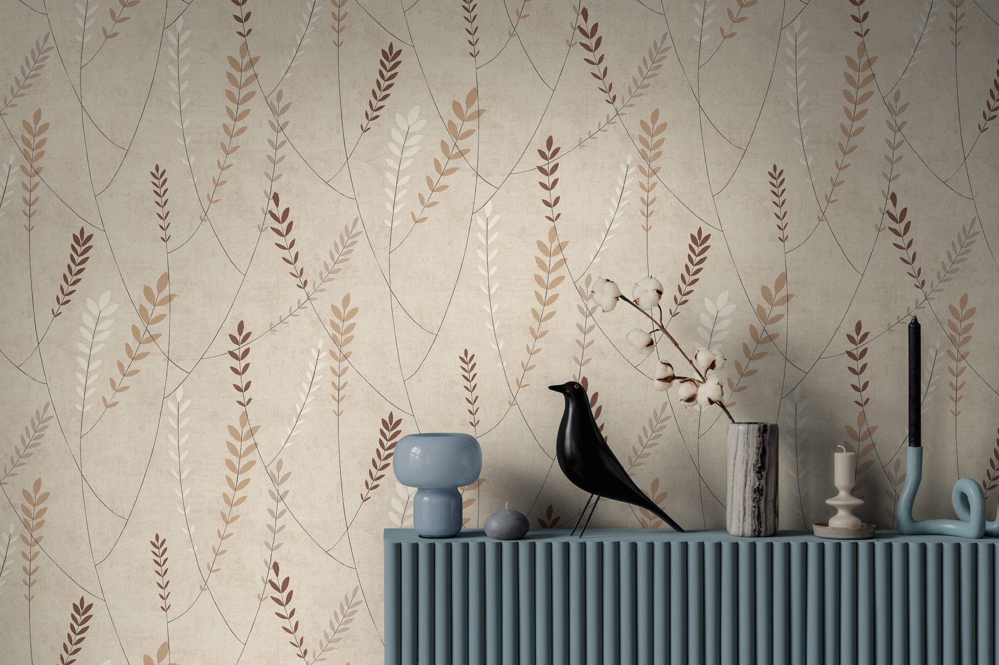 A.S. Création Vliestapete Moderne Zweigtapete mit feinen Blätterranken, strukturiert, matt, (1 St), Leichtes Rankenmotiv für helle, freundliche Wohnräume