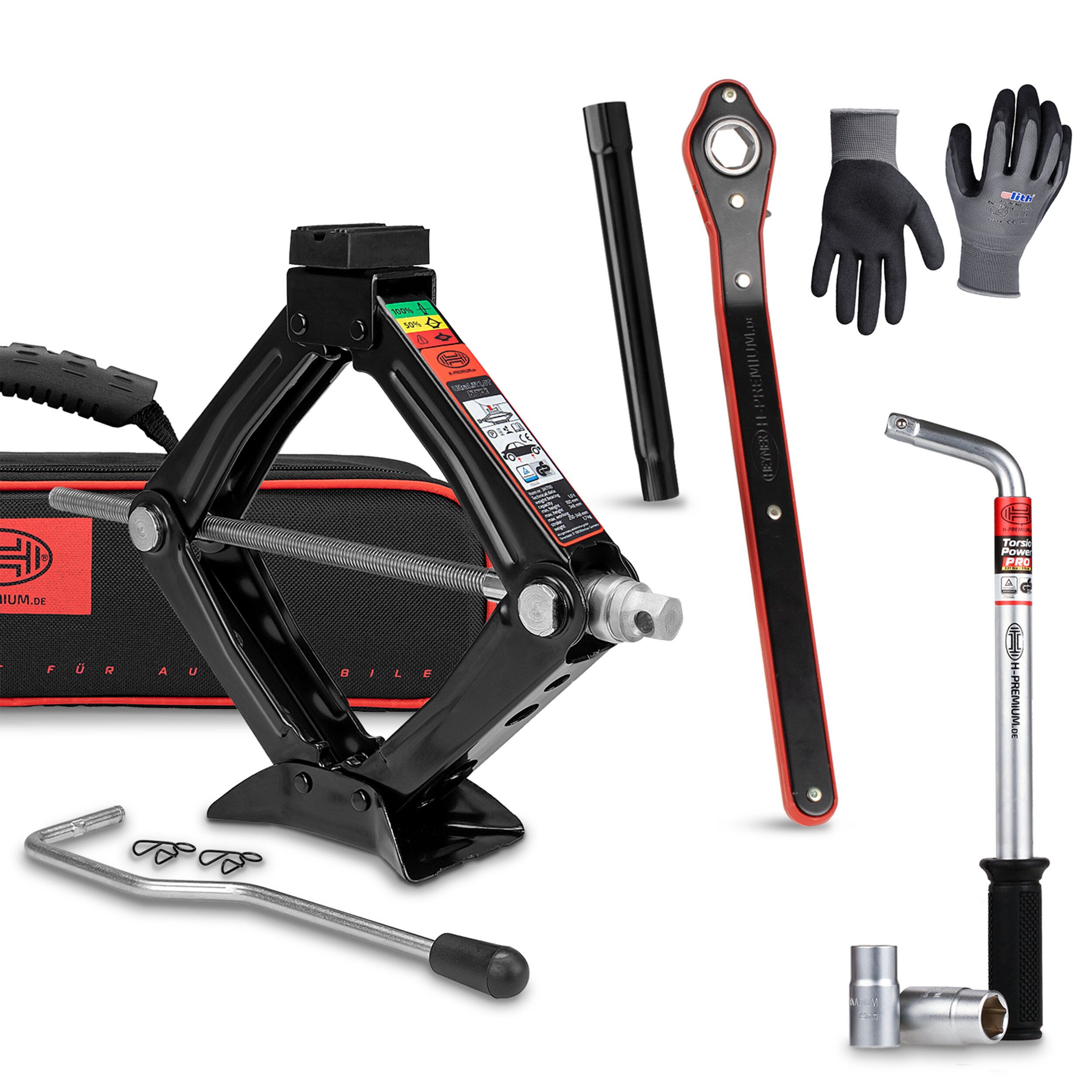 HEYNER Wagenheber Scherenwagenheber Set mit Radmutternschlüssel Handschuhen Bundle 1t, max. Hubhöhe: 34.8 cm, Set, 3-tlg., inkl. Radmutterschlüssel und Handschuhe