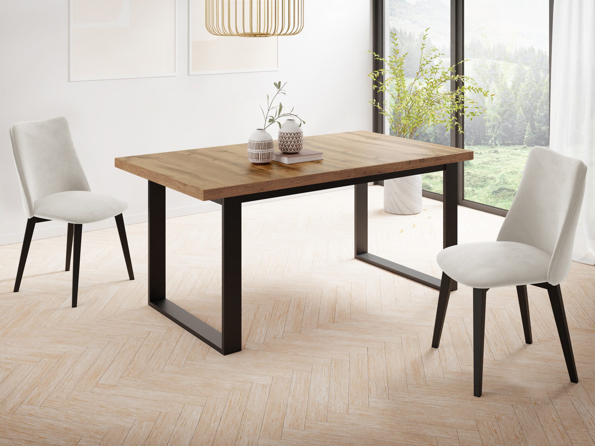 WFL GROUP Esstisch Valentino ausziehbar rechteckig loft mit schwarzen Metallbeinen (MADE IN EU, erhältlich in 3 Größen – 140/160/160 cm ausziehbar auf 180/200/240 cm), platzsparender Tisch in Holzoptik für Küche, Esszimmer oder Wohnzimmer