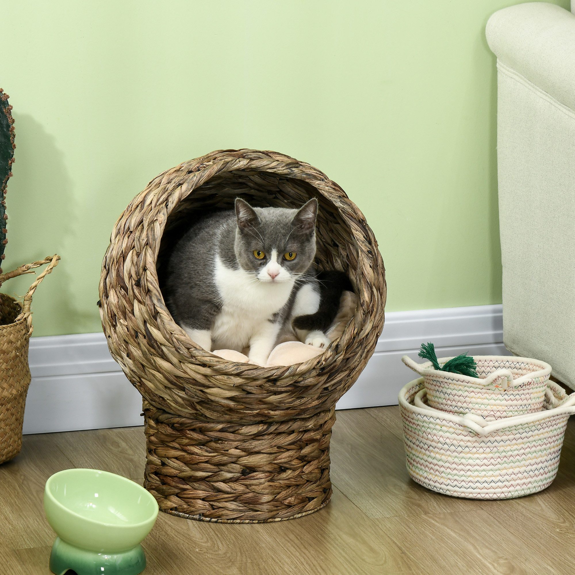 PawHut Tierhaus Rattan Katzenkorb Katzenhöhle Wasserhyazinthe kaffee, für Katzen, Dunkelbraun