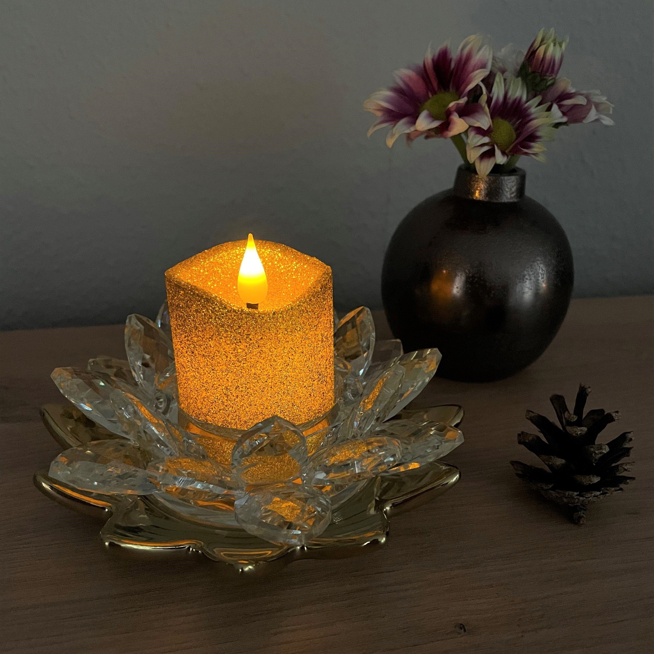 Online-Fuchs Kerzenständer in Lotusblüten-Optik aus Glas mit LED Kerze Votivkerze GOLD 545 (Kerze mit Glitzerüberzug), Kerzenhalter: 13 x 8 cm, Kerze: 5x4,7 cm, Teelichthalter