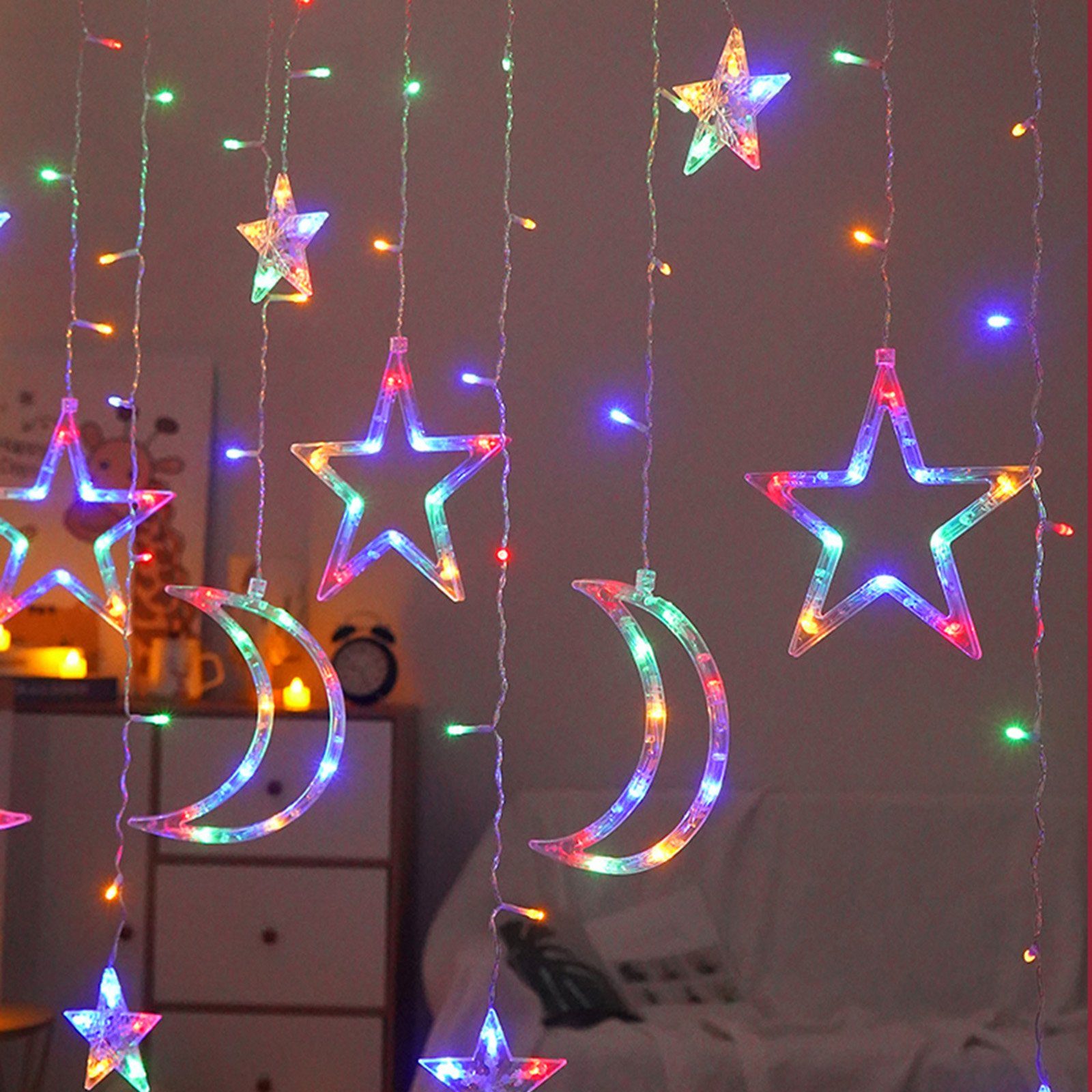 Mehrfarbig 3M Weihnachten, Camping Mond, LED-Lichtervorhang wasserdicht, Ramadan Zelt Deko; Party 120LEDs, batterie für Schlafzimmer Stern Rosnek