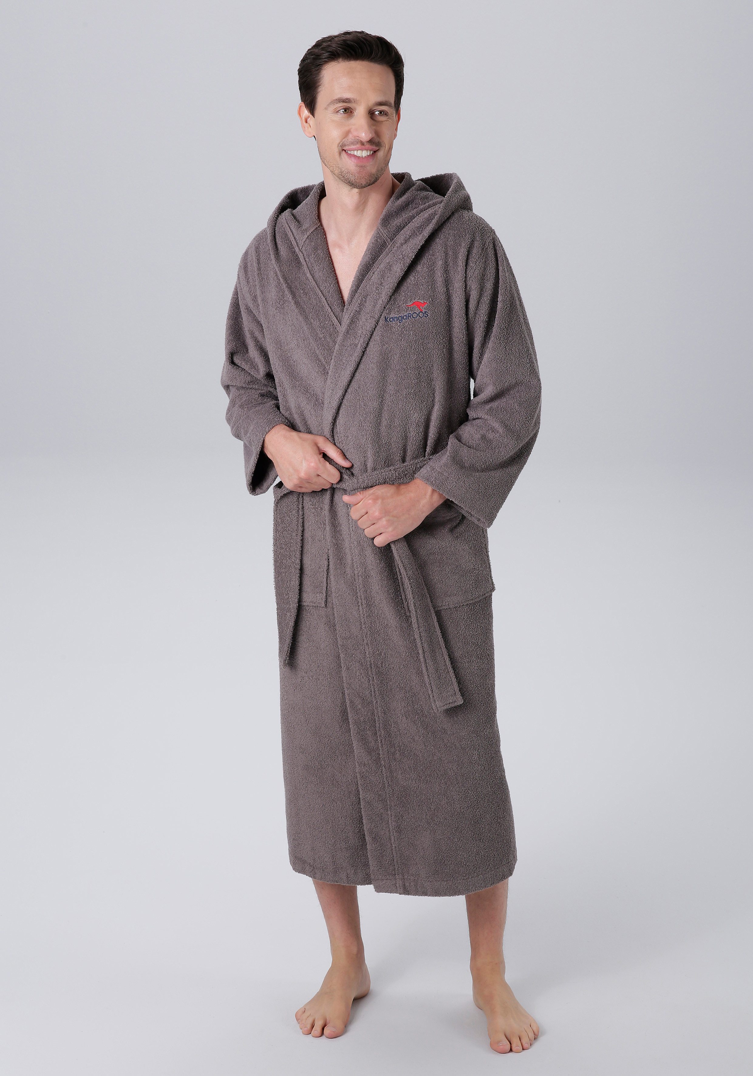 KangaROOS Unisex-Bademantel Cassidy, für Damen & Herren, Standardlänge & Überlänge, Langform, Walkfrottee, Kapuze, Gürtel, mit Taschen, Männer und Frauen, Baumwolle, Reise, Hotel, Sauna, S-3XL