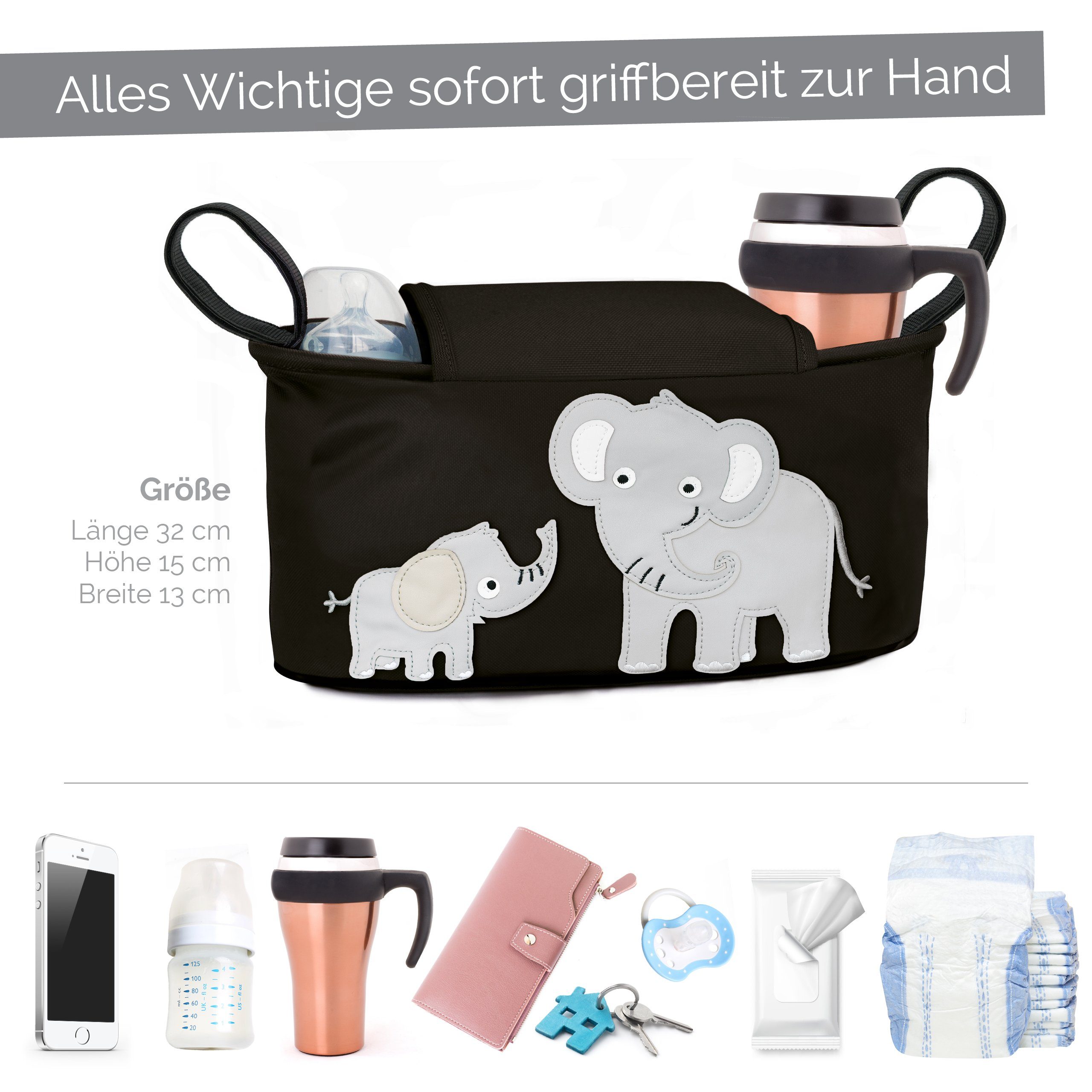 GLÜCKSWOLKE Kinderwagen-Tasche in Grau oder Schwarz I 6 Motive I Kinderwagentasche & Buggy Organizer, Kinderwagen Tasche mit Getränkehalter und Feuchttücherfach