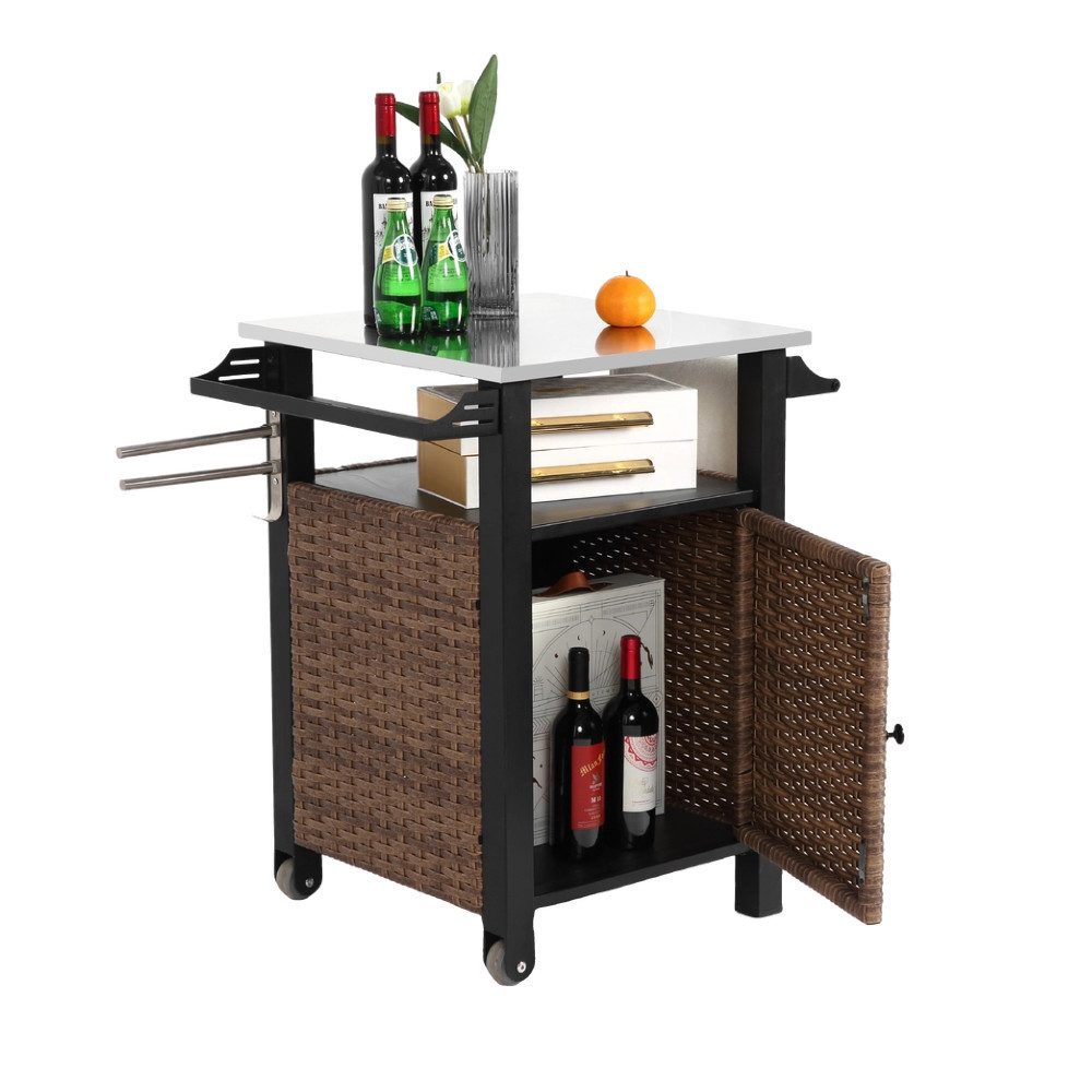 OKWISH Küchenwagen Barwagen mit einer Tür, Rollwagen und Lagerschrank, (für Terrassenküche, 1 St., Esszimmerwagen, Kücheninsel, Servierwagen), aus Korbgeflecht, Edelstahl, verlängerte Tischplatte, seitlicher Griff