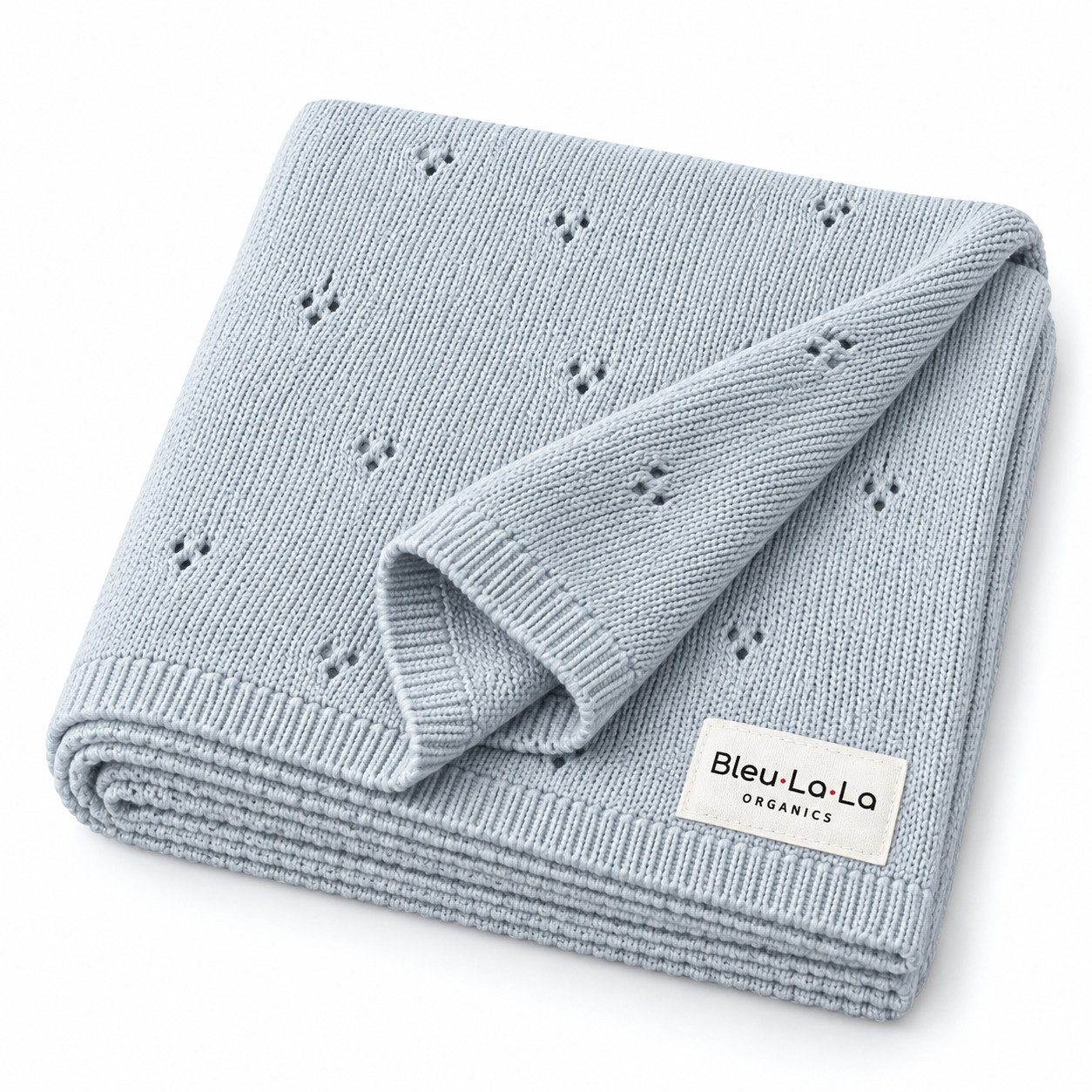 Babydecke Bleu La La Babydecke gestrickt mit Lochmuster Pointelle Knit 91x81cm, TSE, 100 % Bio-Baumwolle - Atmungsaktiv