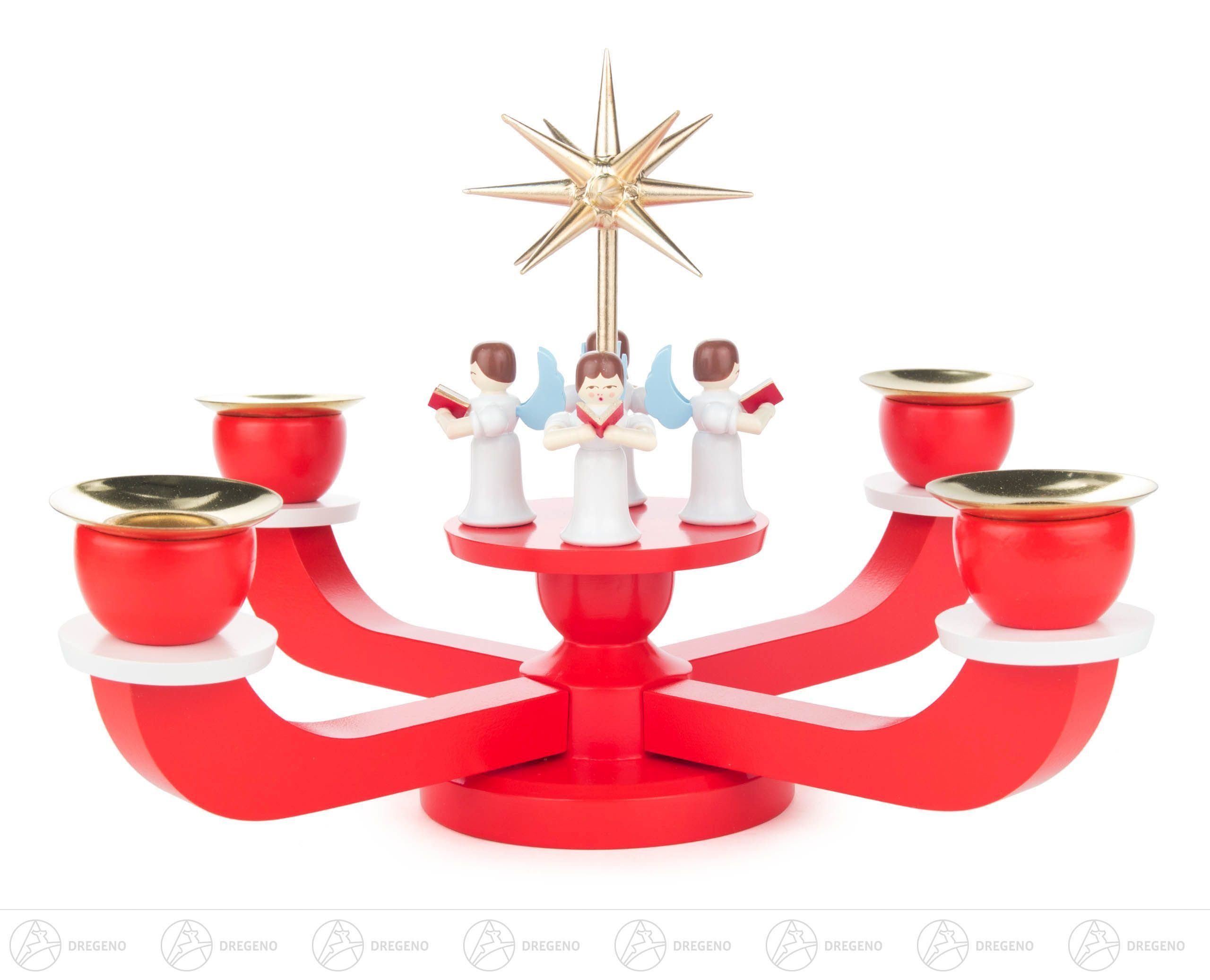 Dregeno Erzgebirge Adventsleuchter Adventsleuchter mit stehenden Engeln und Stern, rot, für Kerzen d=20m, mit Gesangbücher und Stern