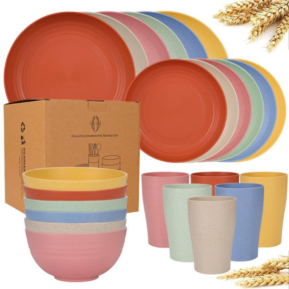 BlingBin Geschirr-Set 24 Teiliges Unzerbrechliches Camping Geschirr Set für 5-6 Personen (24-tlg), 6 Personen, Kunststoff, Kunststoff Servierteller Schüsseln Besteck für Party,Zuhause,Picknick