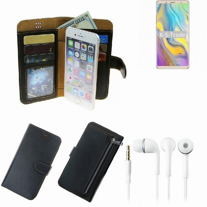 K-S-Trade Handyhülle TOP SET Portemonnaie Schutz Hülle kompatibel mit Bluboo S3 schwarz aus Kunstleder + Kopfhörer Walletcase Smartphone Tasche vollwertige Geldbörse mit Handyschutz -