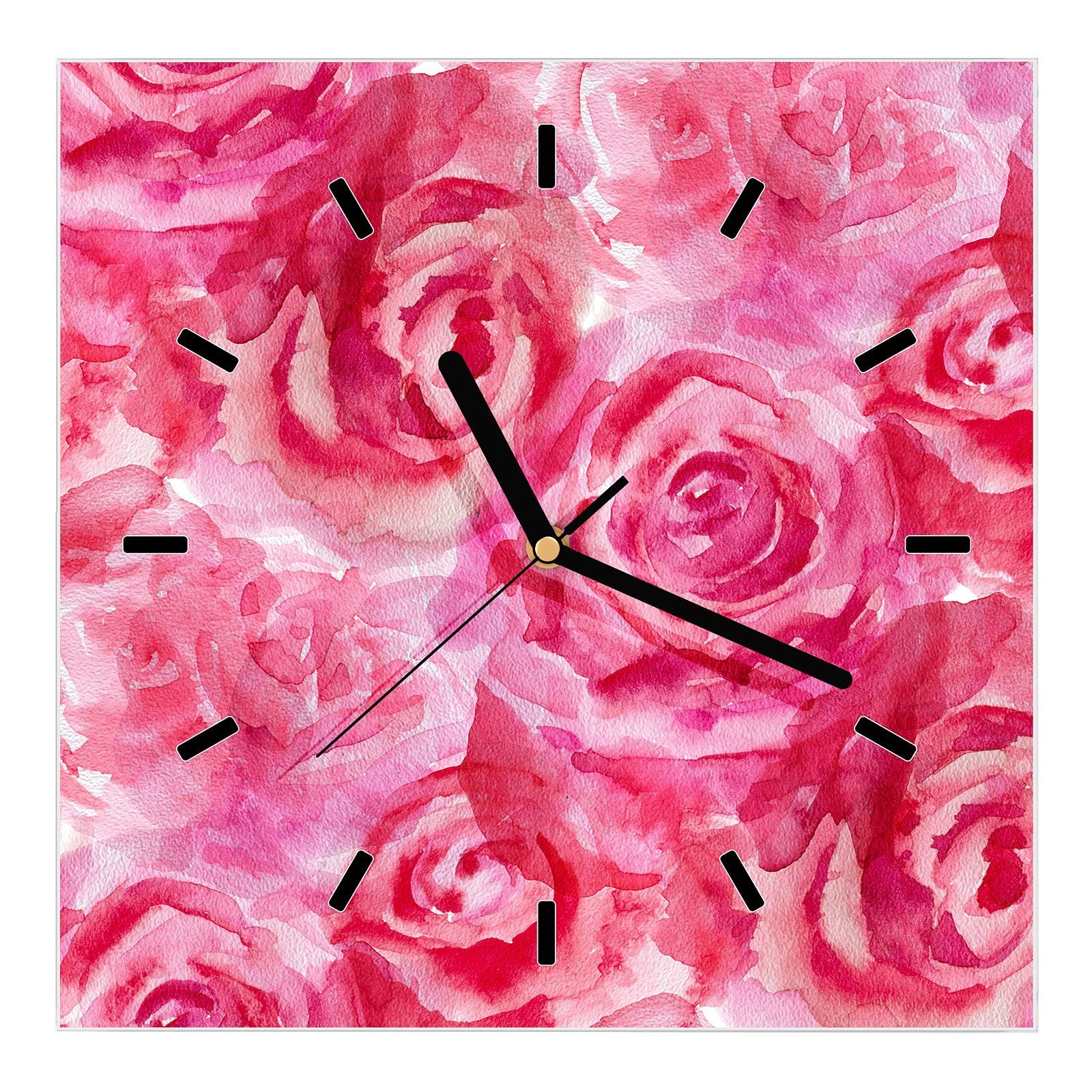 Primedeco Wanduhr Glasuhr Wanduhr Wandkunst Größe 30 x 30 cm mit Motiv Pinke Rosenblüten
