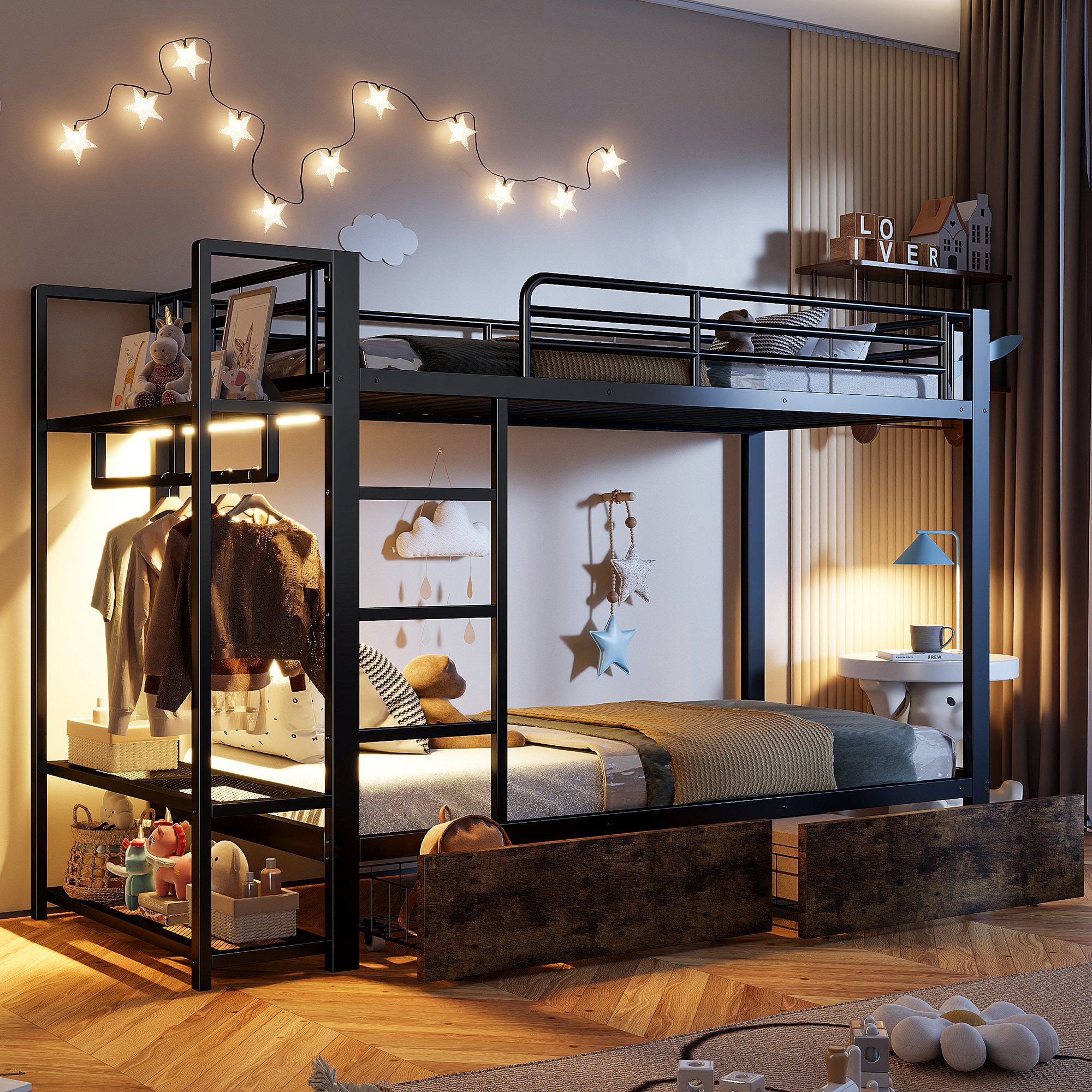 Merax Etagenbett mit LED Lichtleiste (Metallbett Jugendbett Stockbett Doppelbett mit Eisenrahmen, 1-St), Kinderbett 90x200cm mit Kleiderstange, 2 Schubladen & Ablageflächen