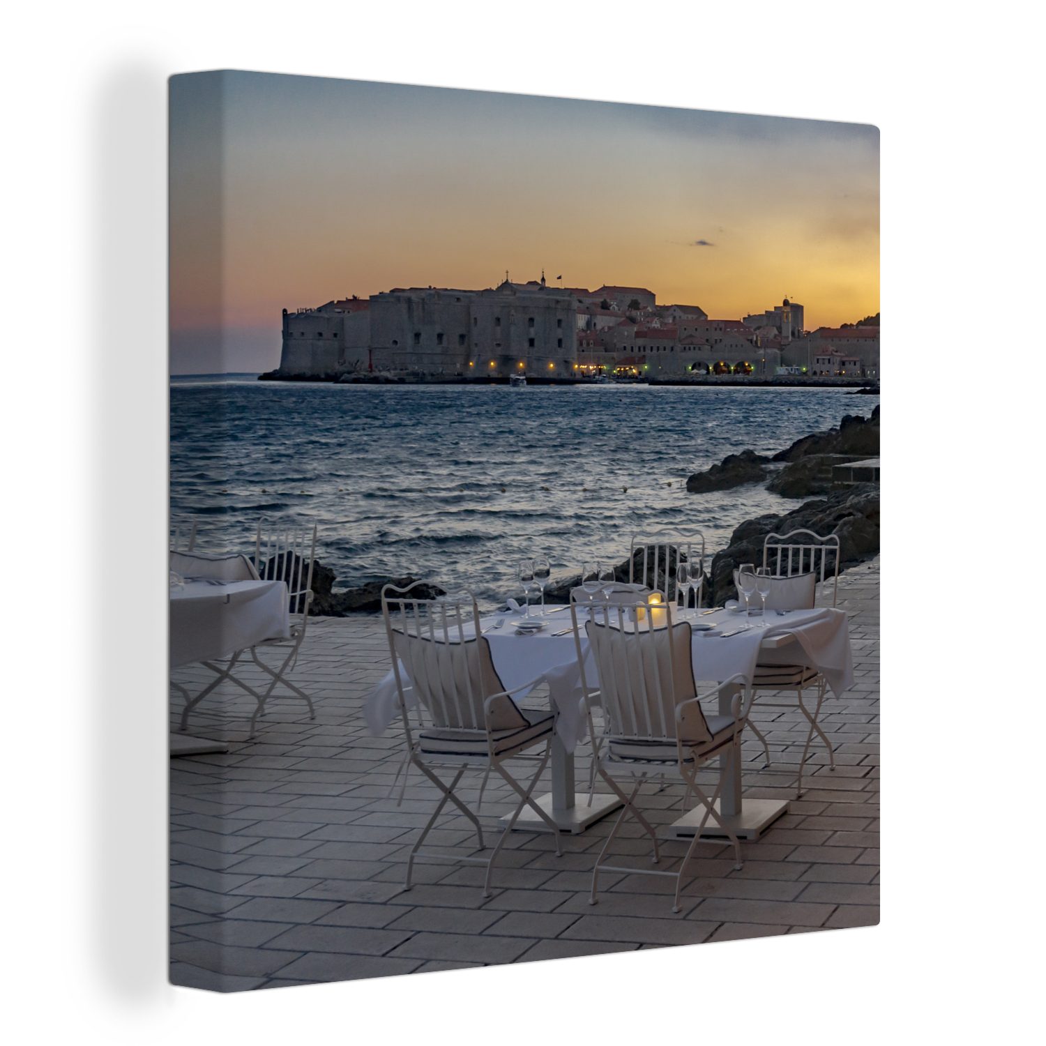 OneMillionCanvasses® Leinwandbild Terrasse in Kroatien mit Sonnenuntergang, (1 St), Leinwand Bilder für Wohnzimmer Schlafzimmer