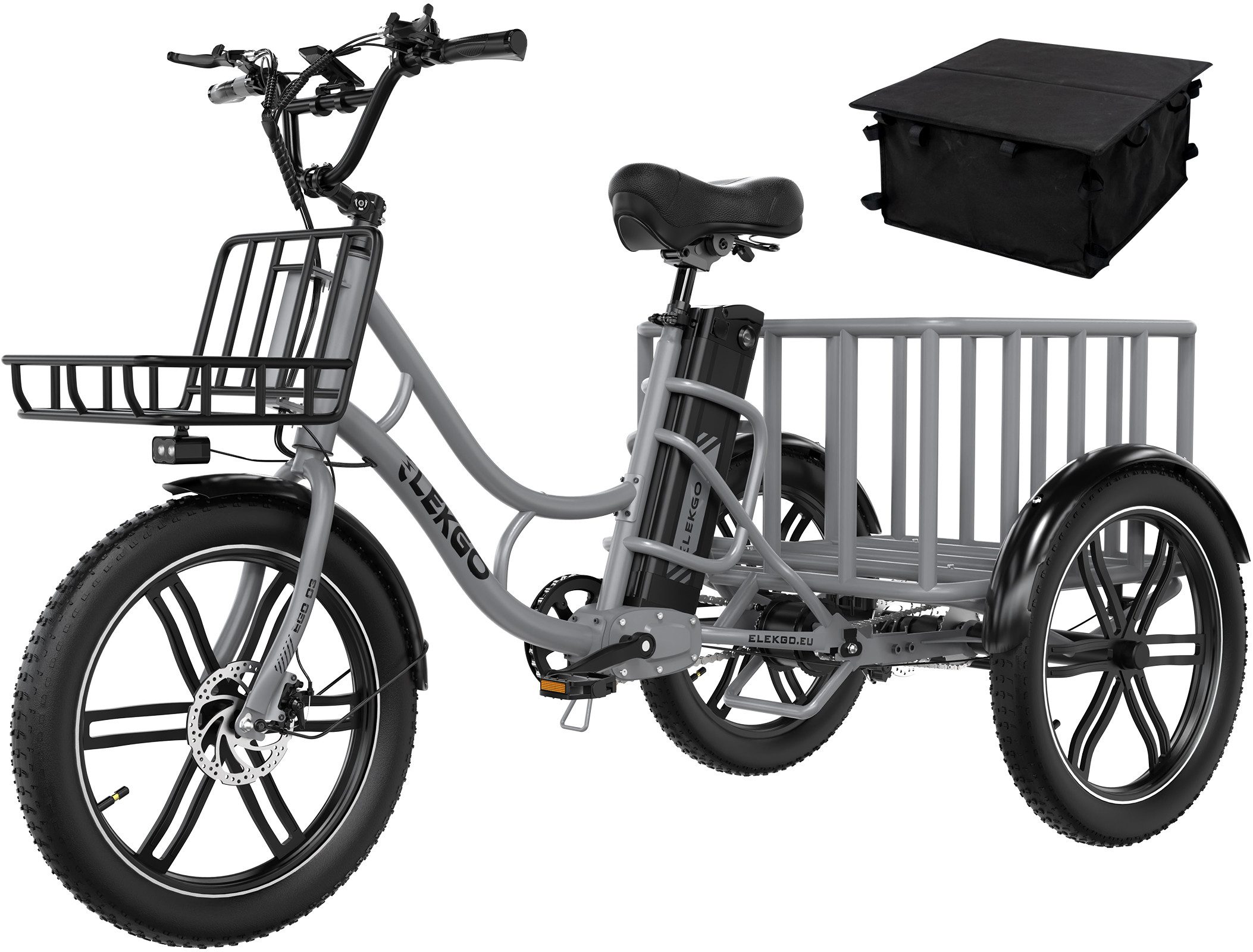 ELEKGO E-Bike Elektrisches Dreirad 20*3,0 zoll E-Dreirad Cargo mit 48V18Ah Akku Lastenfahrrad, 1 Gang, Kettenschaltung, Heckmotor, 864 Wh, Mit Körben vorne und hinten für Erwachsene zwischen 16 und 60 Jahren
