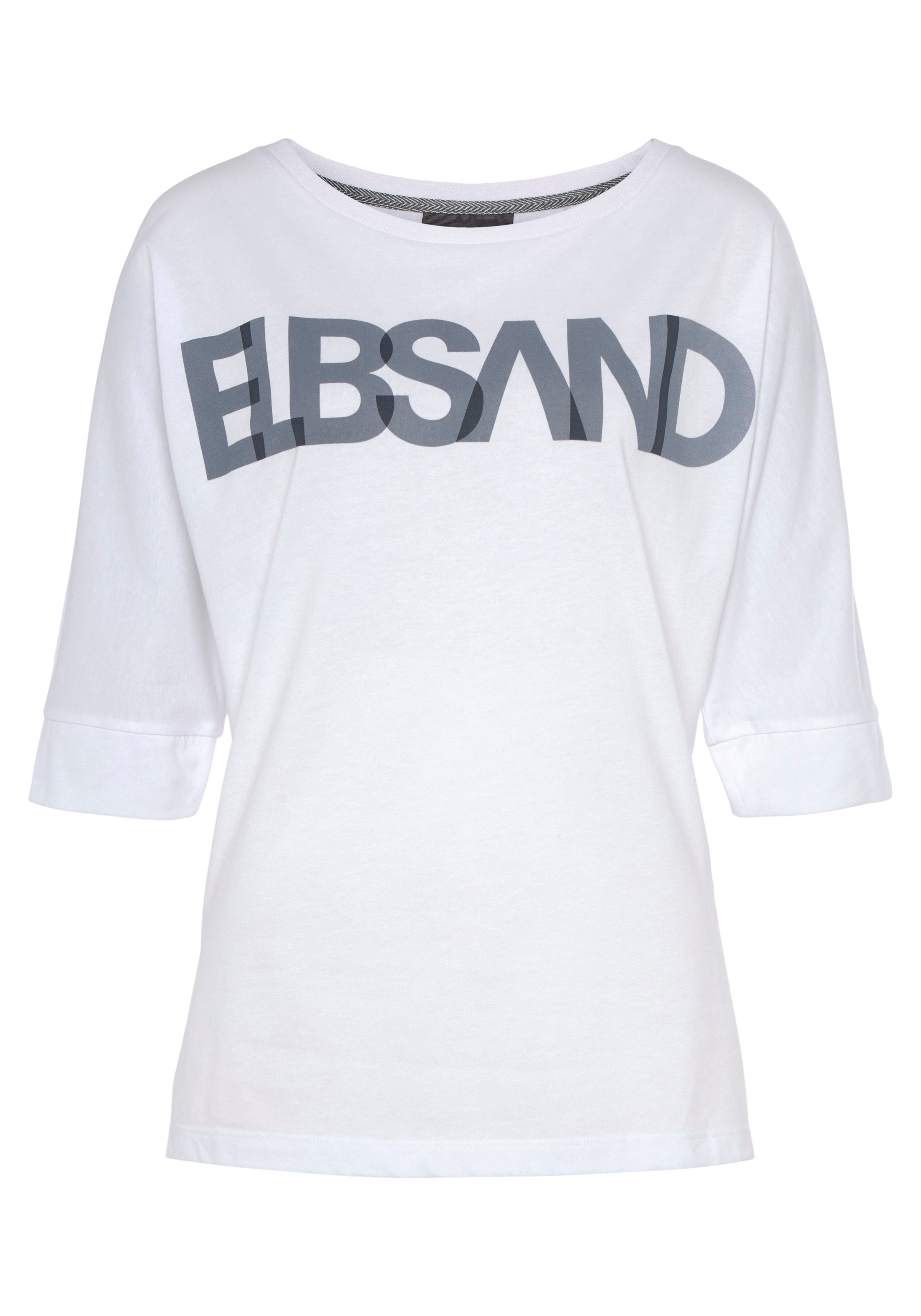 white Logodruck, Passform lockere Baumwoll-Mix, mit bright Elbsand 3/4-Arm-Shirt