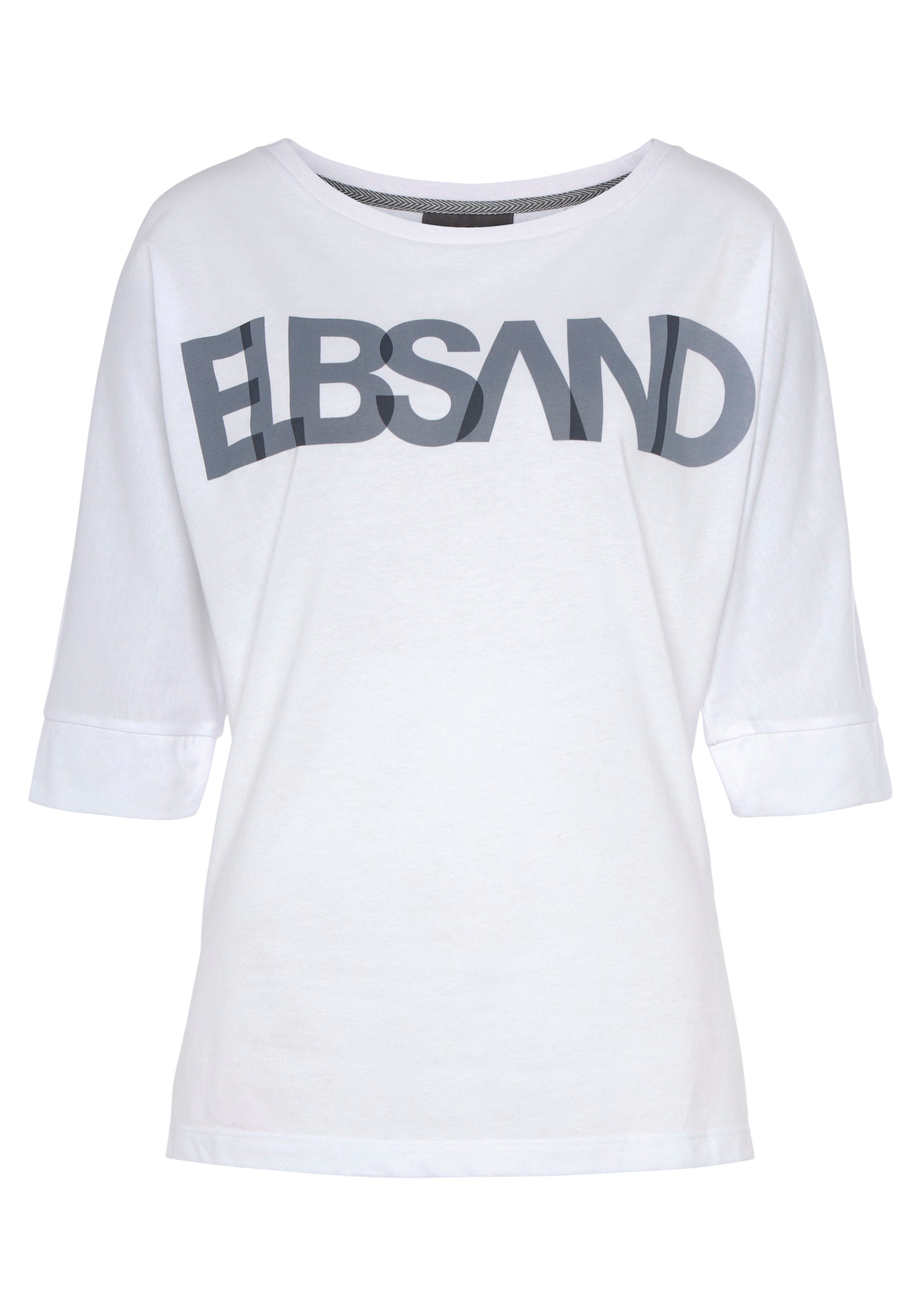 Baumwoll-Mix, Elbsand Passform Logodruck, bright mit lockere white 3/4-Arm-Shirt