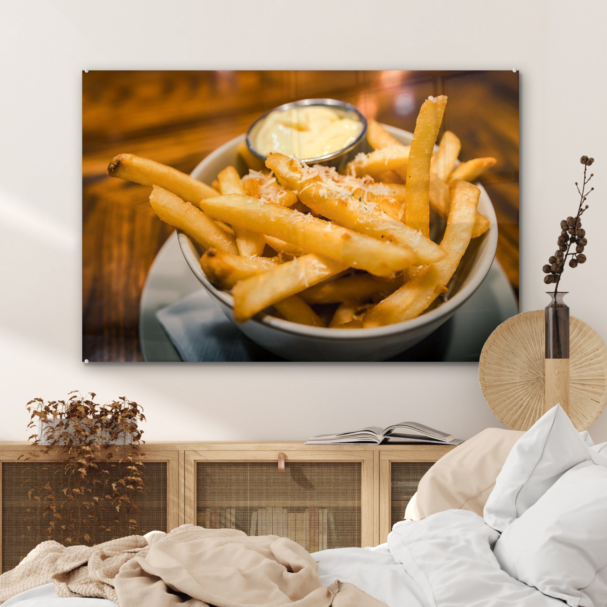 MuchoWow Acrylglasbild Nahaufnahme Schlafzimmer Pommes Käse Mayonnaise, frites Acrylglasbilder von St), & und Wohnzimmer (1 mit