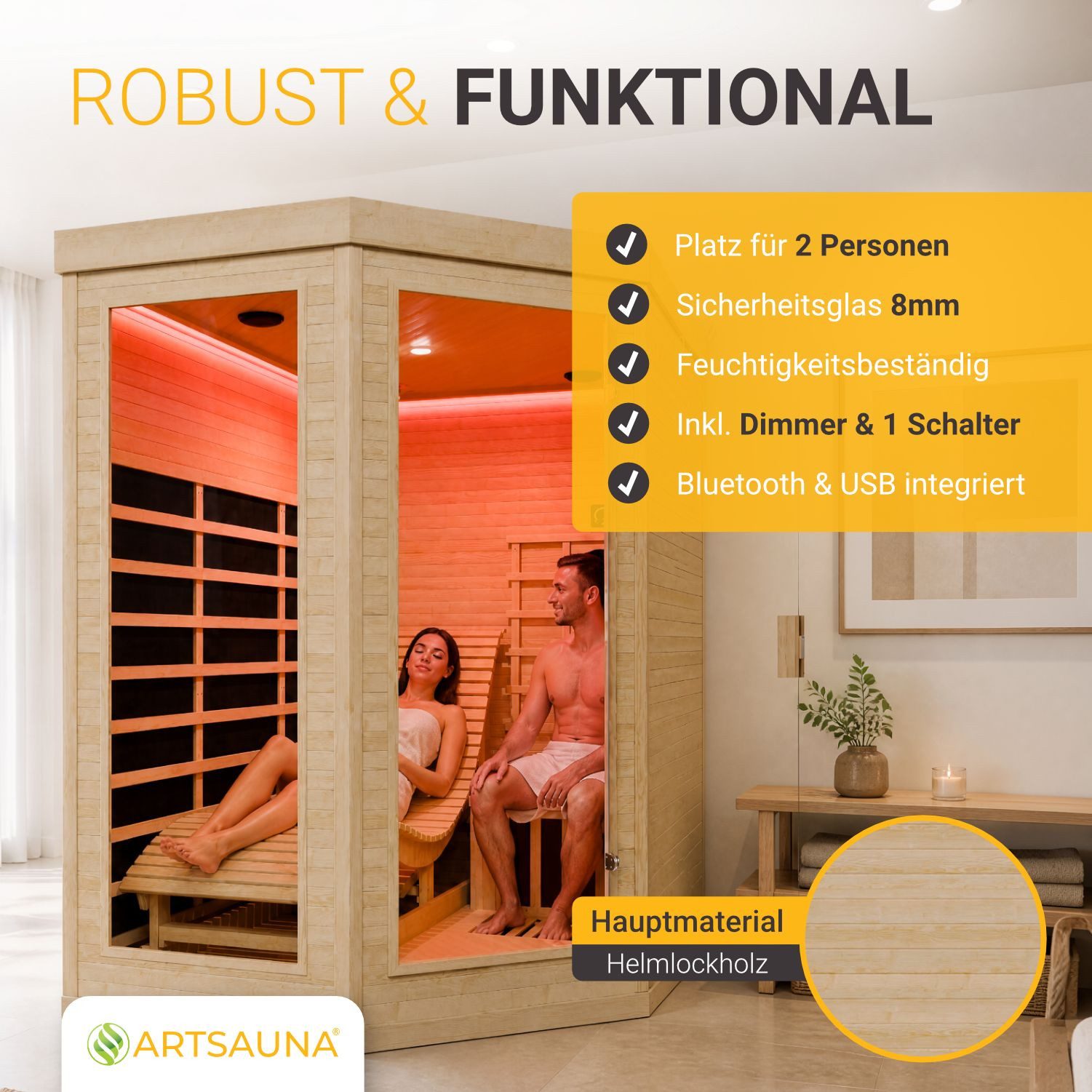 Artsauna Infrarotkabine Kolding Triplex-Heizsystem, für 2 Personen, Hemlock-Holz, Ionisator, HiFi-System, LED-Farblicht