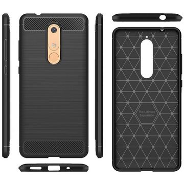 Nalia Smartphone-Hülle Nokia 5.1 (2018), Carbon-Look Silikon Hülle / Matt-Schwarz / Anti-Fingerabdruck / Rutschfest Stoßfest Kratzfest / Karbon-Optik Schutzhülle / Slim Cover Soft Case Etui Handy-Tasche Backcover / Handy-Schale Backcase Handycover Handycase