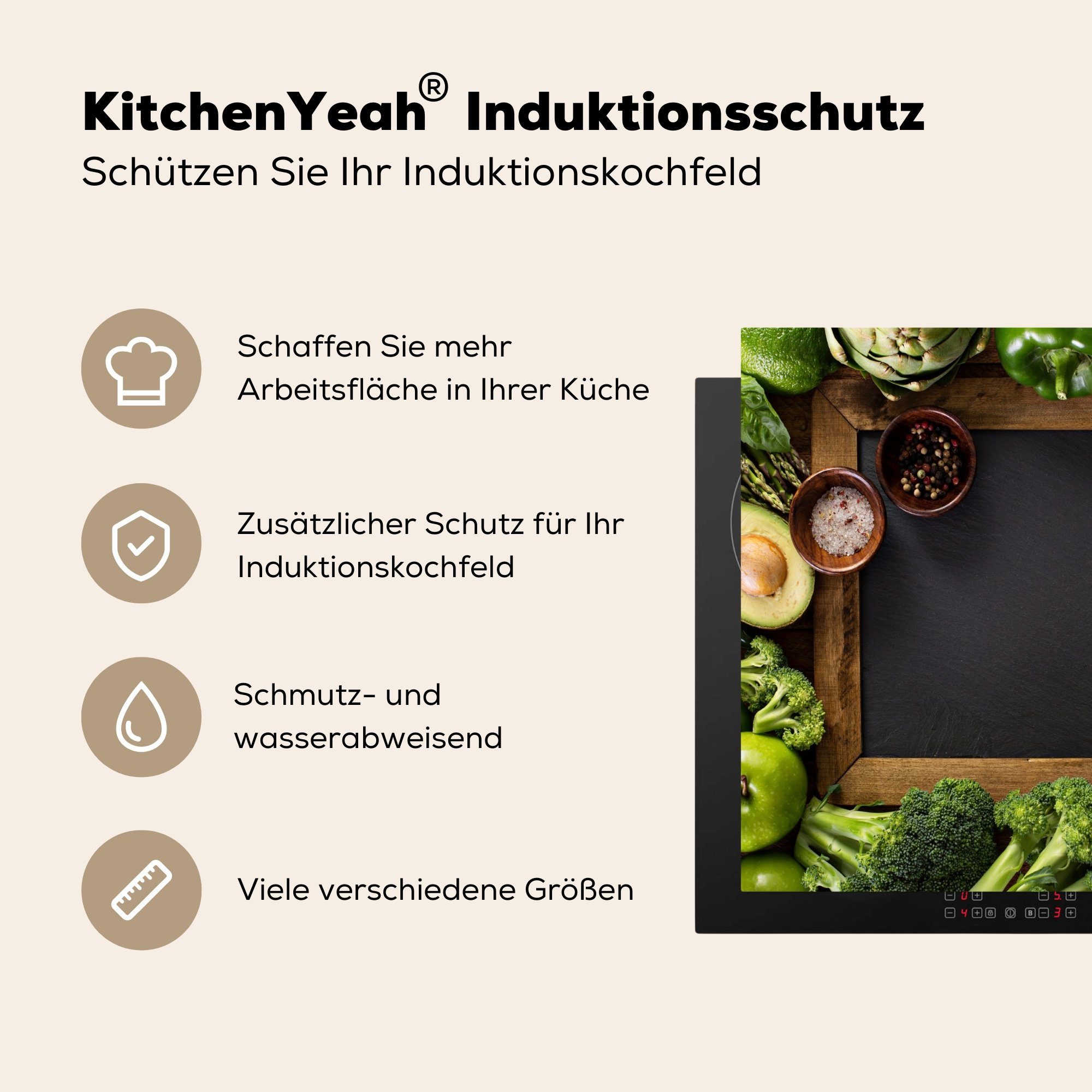 (1 Vinyl, Ceranfeldabdeckung Induktionsschutz, - Kreidetafel - Induktionskochfeld, Gemüse, Obst MuchoWow cm, Herdblende-/Abdeckplatte tlg), 57x51