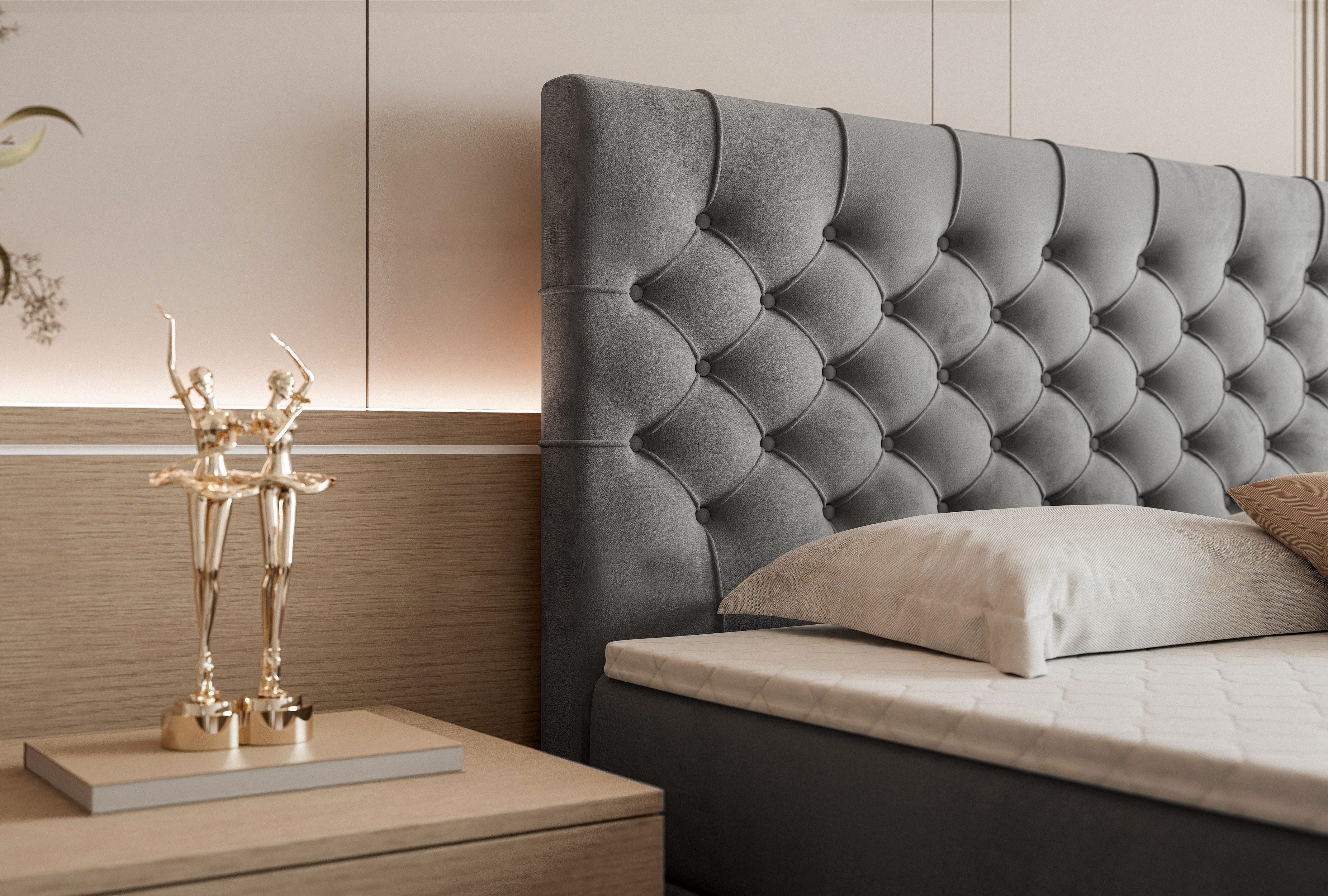 Goldstoff Boxspringbett TAURIEL mit Federkernmatratze & Topper, zwei Bettkästen (von 120 bis 200x200 cm), modernes Doppelbett aus Velvet Stoff mit edlem Kopftei – Bild 3 von 5