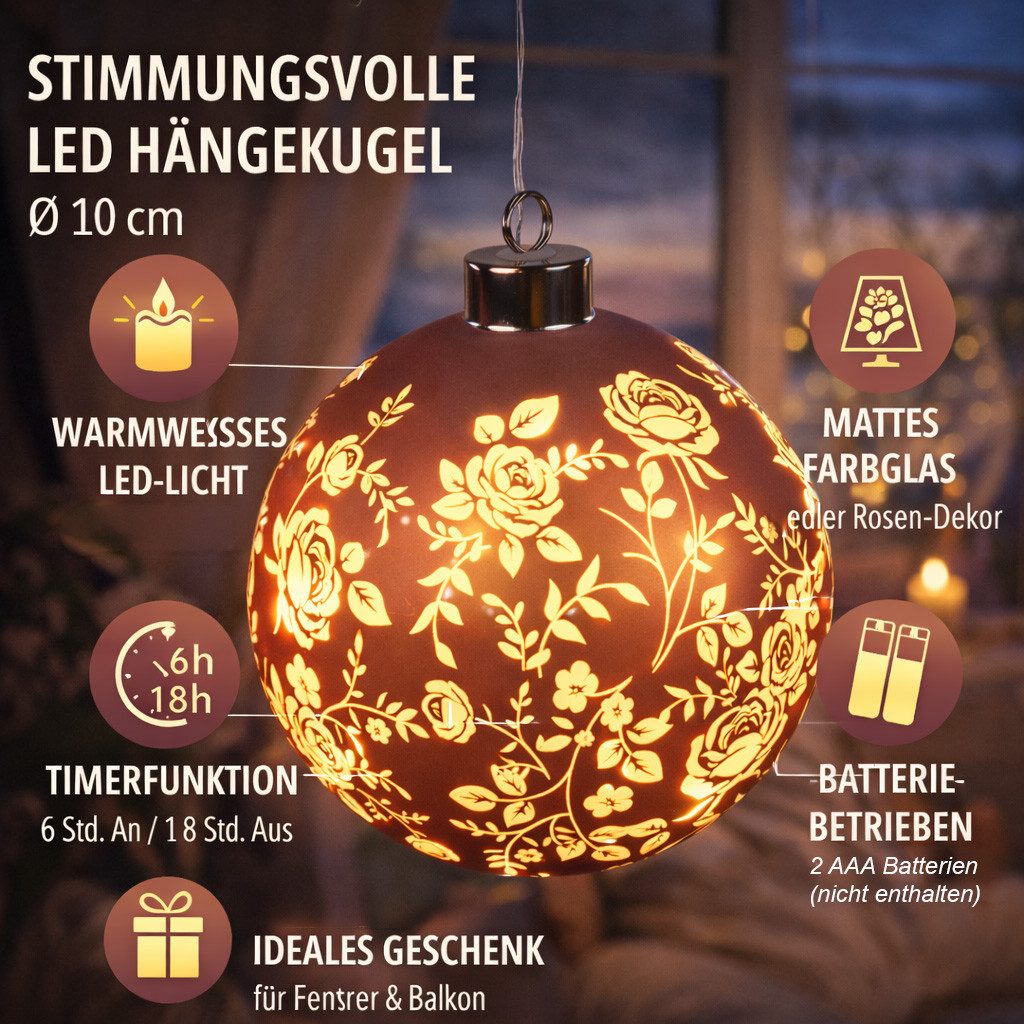 formano Dekolicht LED Deko Kugel hängend 10cm Glaskugel mit Timer und Rosen-Dekor, LED fest integriert