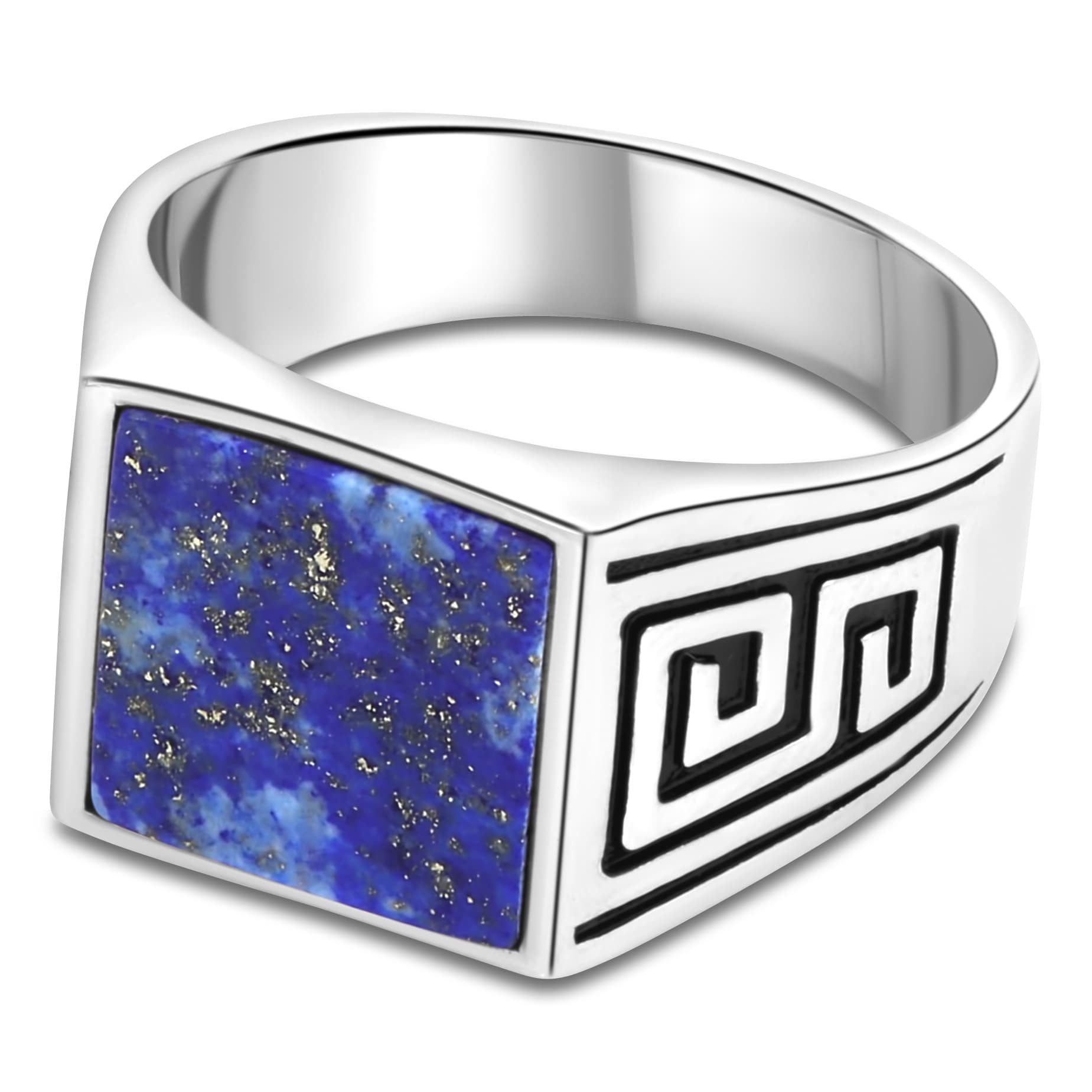 Tony Fein Siegelring Lapislazuli Griechisches Muster Massiv 925 Sterling Silber, Silberring Rhodiniert Made in Italy für Herren
