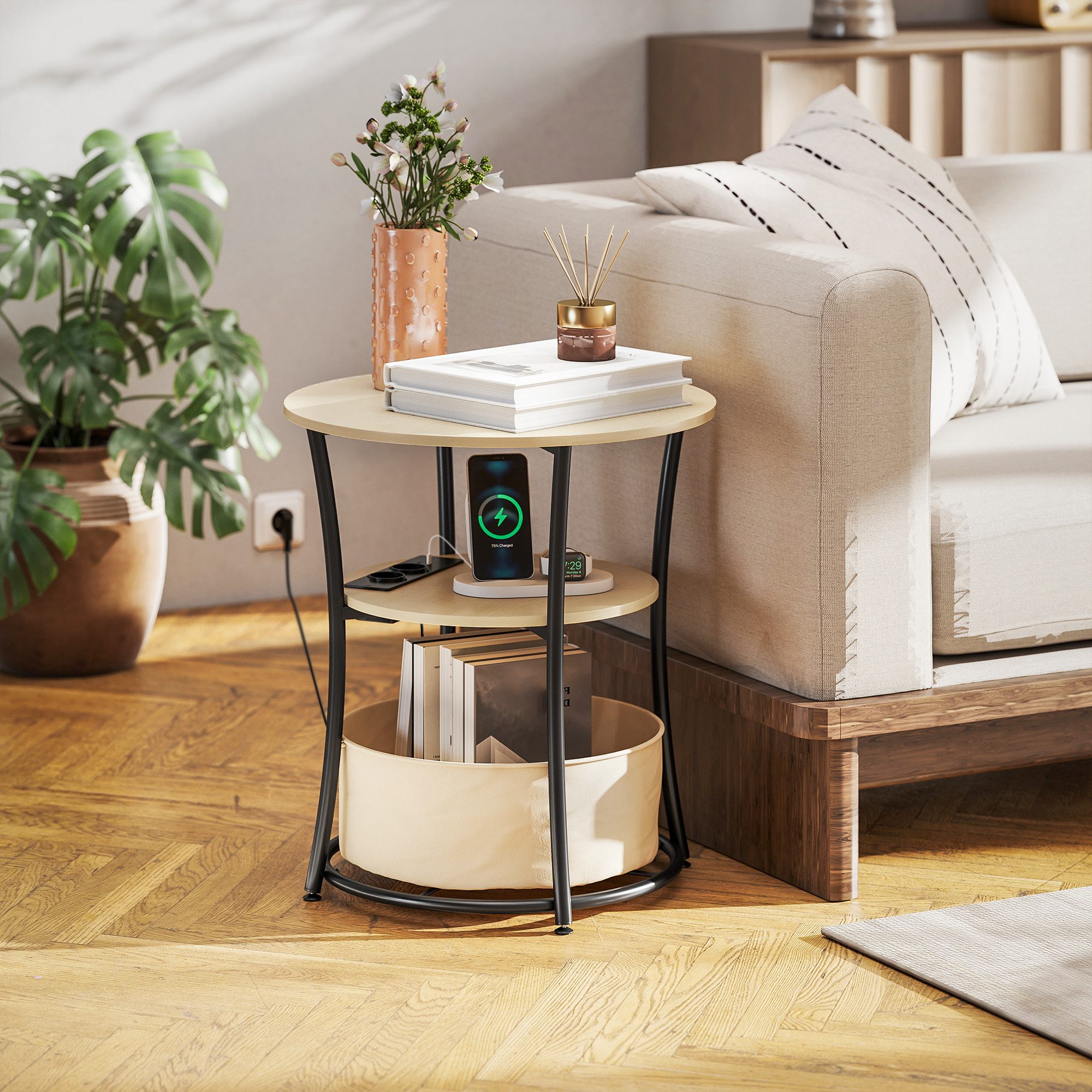 HOMCOM Beistelltisch Couchtisch mit Ladestation, Ablage, Kaffeetisch (Wohnzimmertisch, 1-St., 3-stufiger Couchtisch), für Wohnzimmer Schlafzimmer 50x50x55,1 cm Naturholz