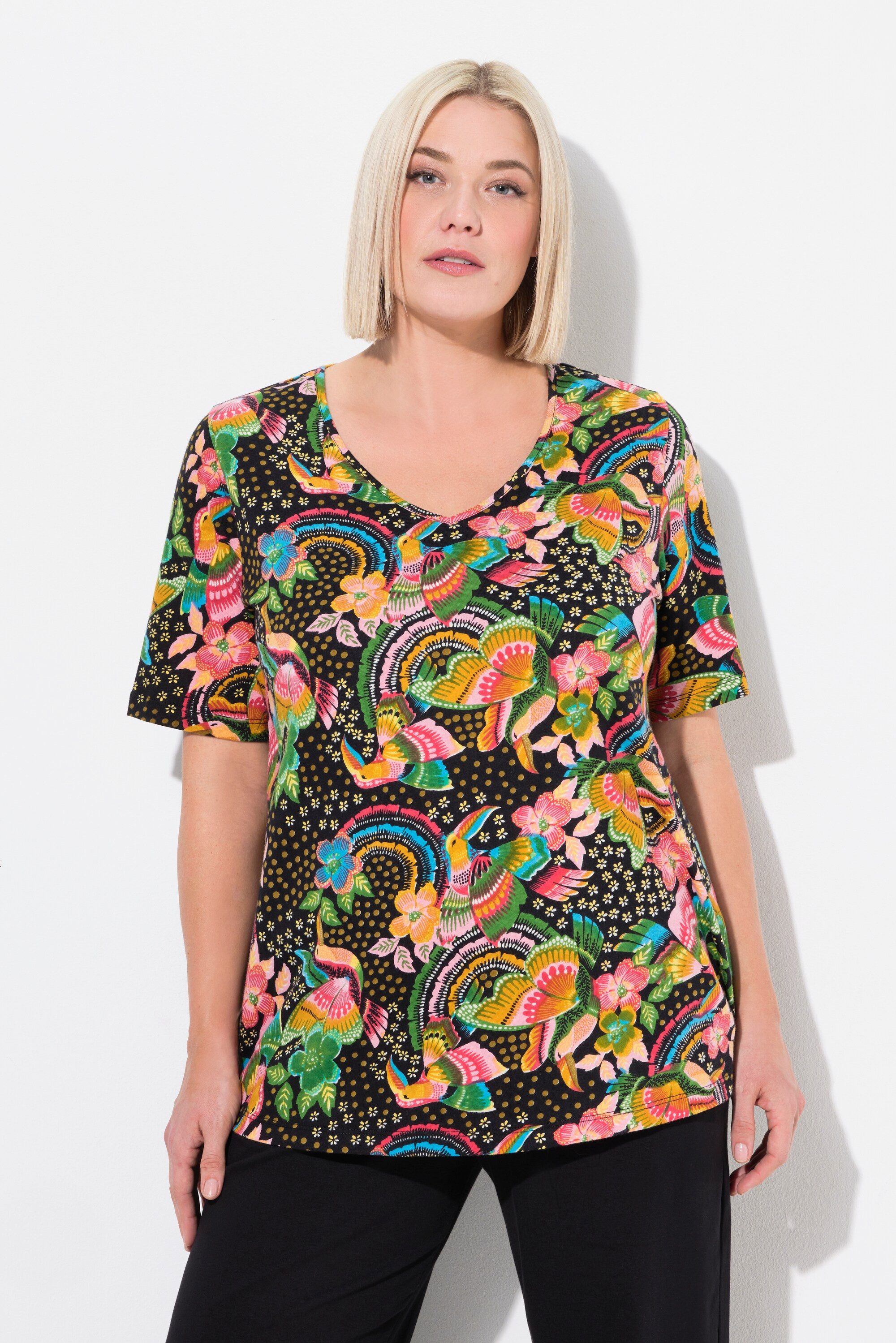 Ulla Popken Longshirt Longshirt Blüten A-Linie V-Ausschnitt Halbarm günstig online kaufen