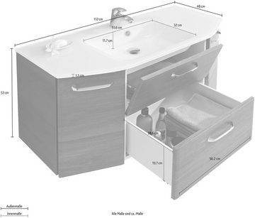 Saphir Waschtisch Quickset Waschplatz, Mineralmarmor-Waschtisch, 112 cm breit, 2 Türen, Unterschrank mit Waschbecken, inkl. Türdämpfer, Griffe Chrom Glanz