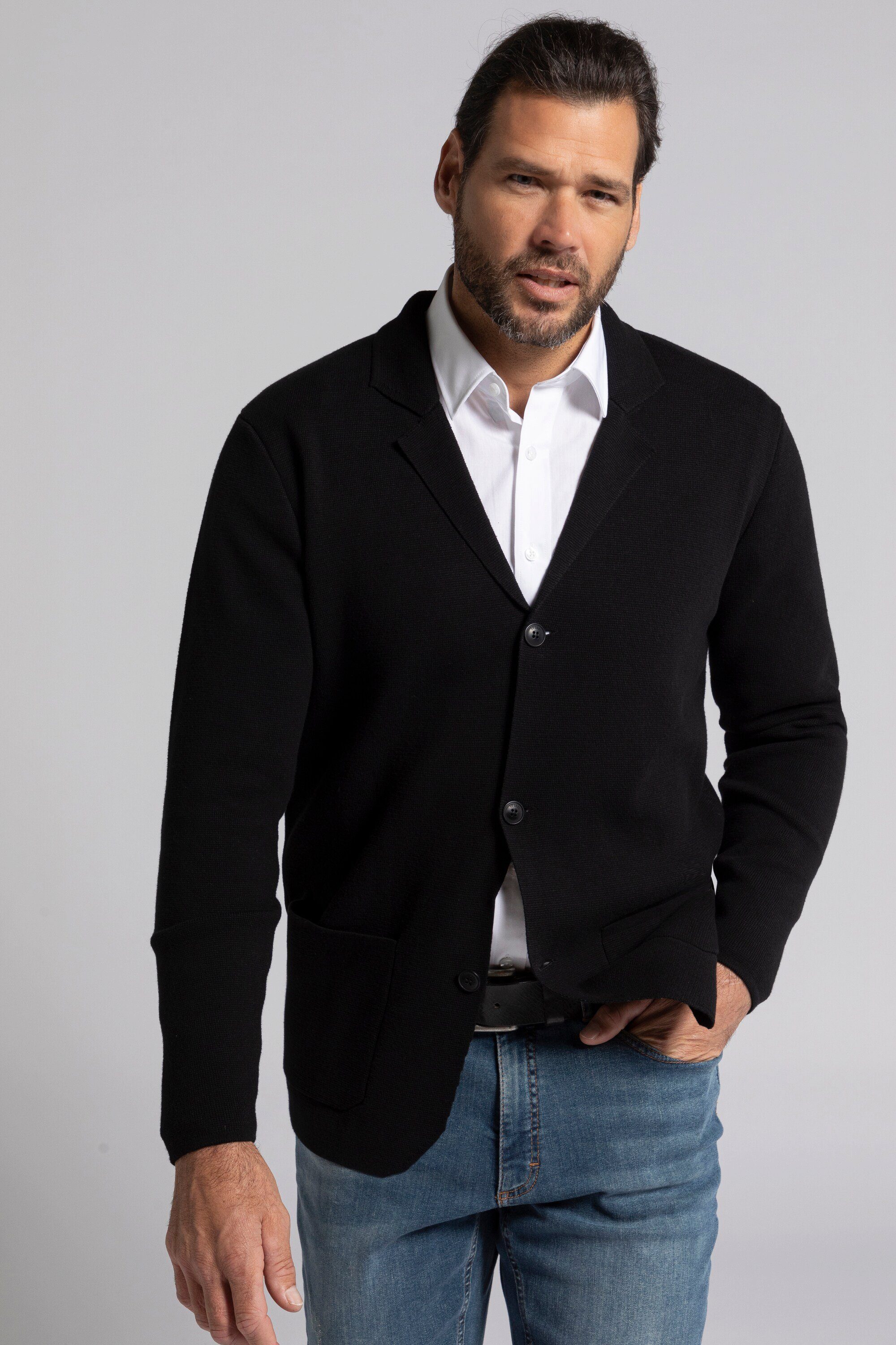 Tolle Online-Shopping-Seite JP1880 Poloshirt schwarz Reverskragen Stricksakko Milano-Strick FLEXNAMIC®