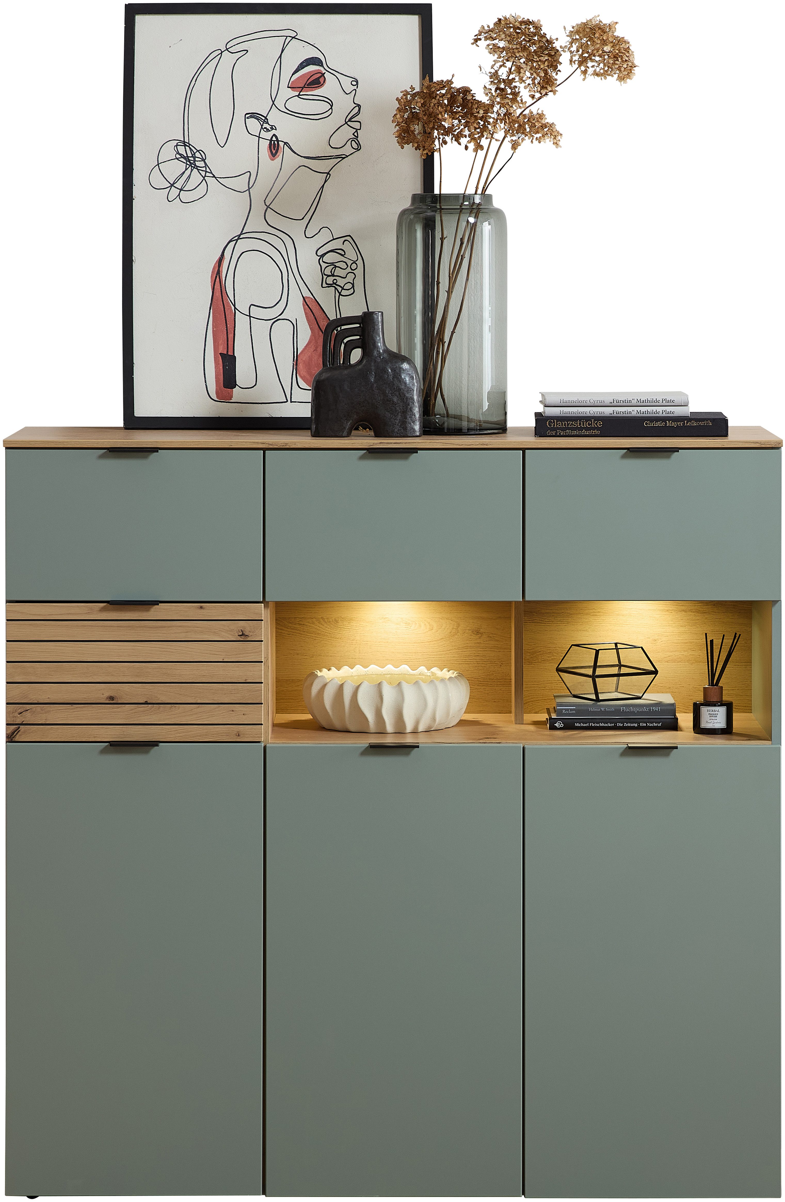 Innostyle Highboard INA Highboard, 84 x 125 x 45 cm (B/H/T) (1 St), 3 türig, 4 Schubladen, inkl. Beleuchtung, Softclose