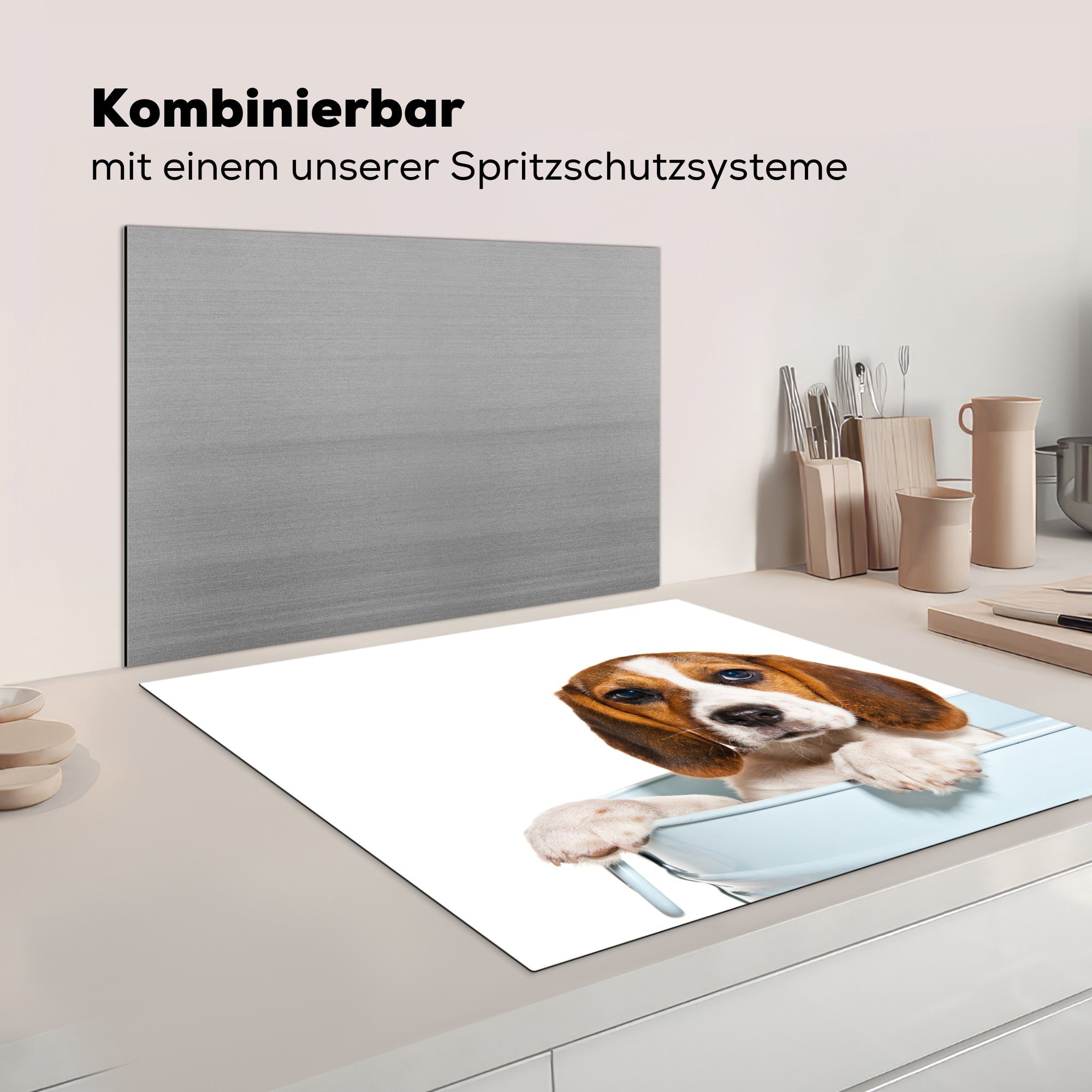 Welpe tlg), cm, (1 Beagle Arbeitsplatte küche MuchoWow für Vinyl, Herdblende-/Abdeckplatte - Ceranfeldabdeckung, 78x78 - Eimer,