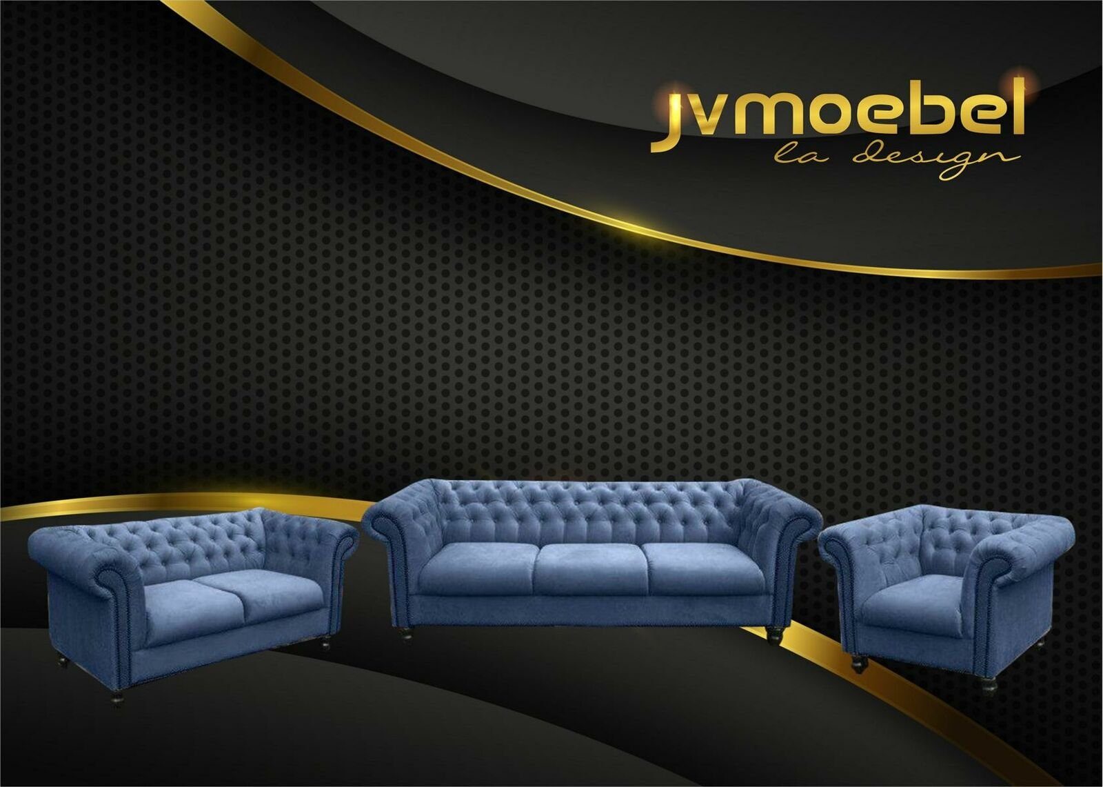 Chesterfield Design Sofa Made Blau JVmoebel Sofagarnitur | Schwarze Blau Wohnzimmer, Chesterfield Europe in