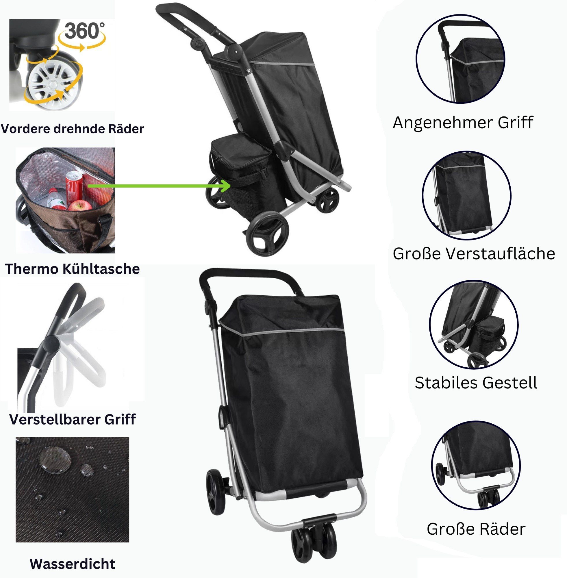 Cheffinger Einkaufstrolley 48L Einkaufswagen+12L Kühltasche Einkauf Trolley Aluminium Stabil Groß, Wasserdicht – Bild 3 von 5