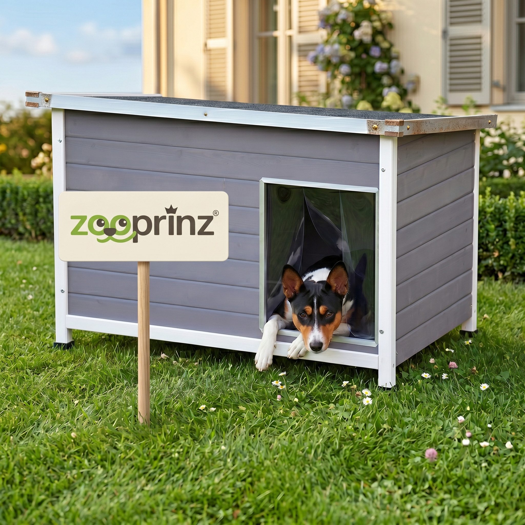 Zooprinz Hundehütte Jacky mit Lamellen Kunststofffüße Metallrahmen, Höhenverstellbar, Klappdach, für mittelgroße Hunde