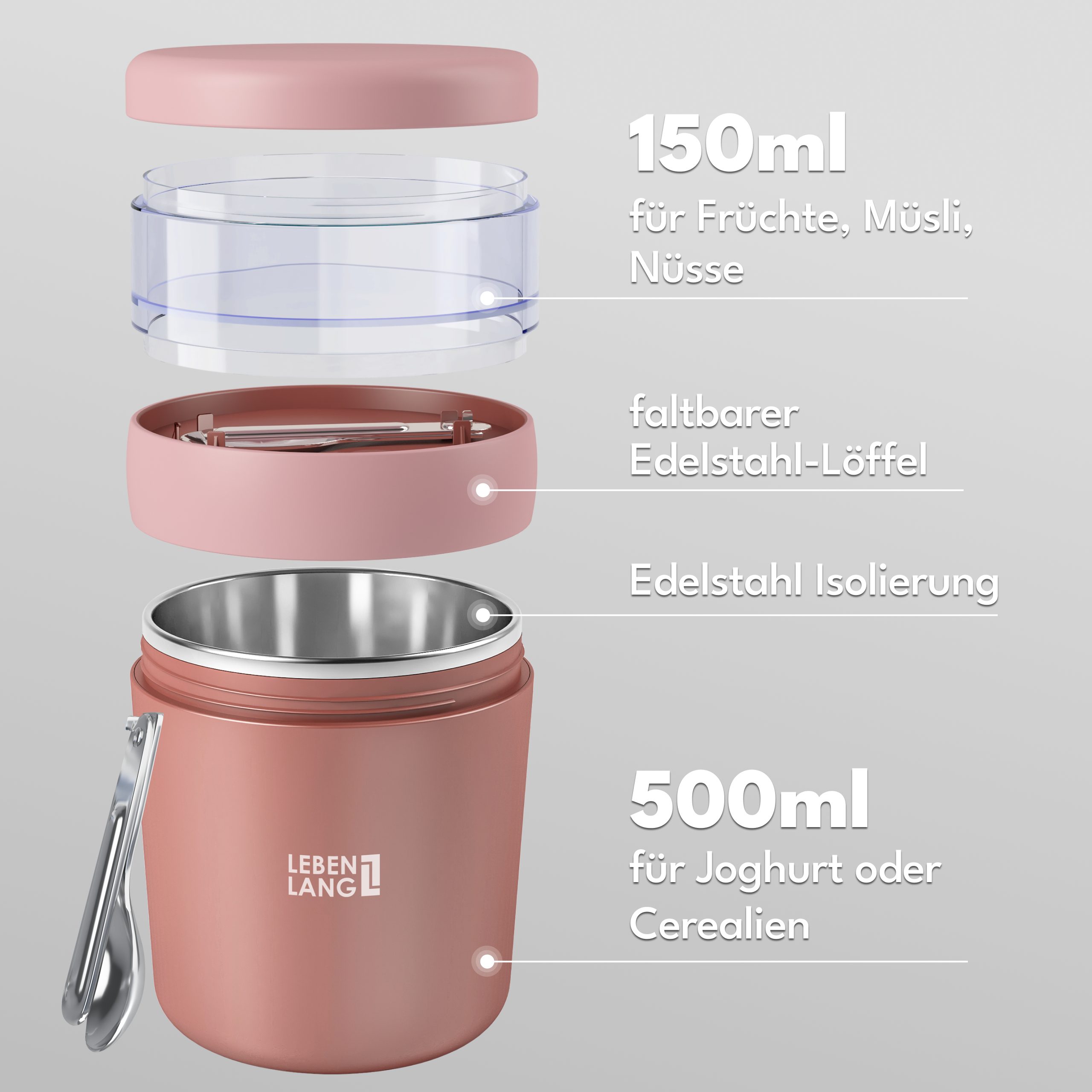 Lebenlang Aufbewahrungsbecher Müslibecher, Isolierende Edelstahlinnenwand, ToGo mit Löffel & 650ml, Edelstahl/Kunststoff, (500ml Becher, 150ml Aufsatz, Drehvershluss, faltbarer Löffel), Auslaufsicher & Perfekt für Schule, Kita, Büro oder Uni