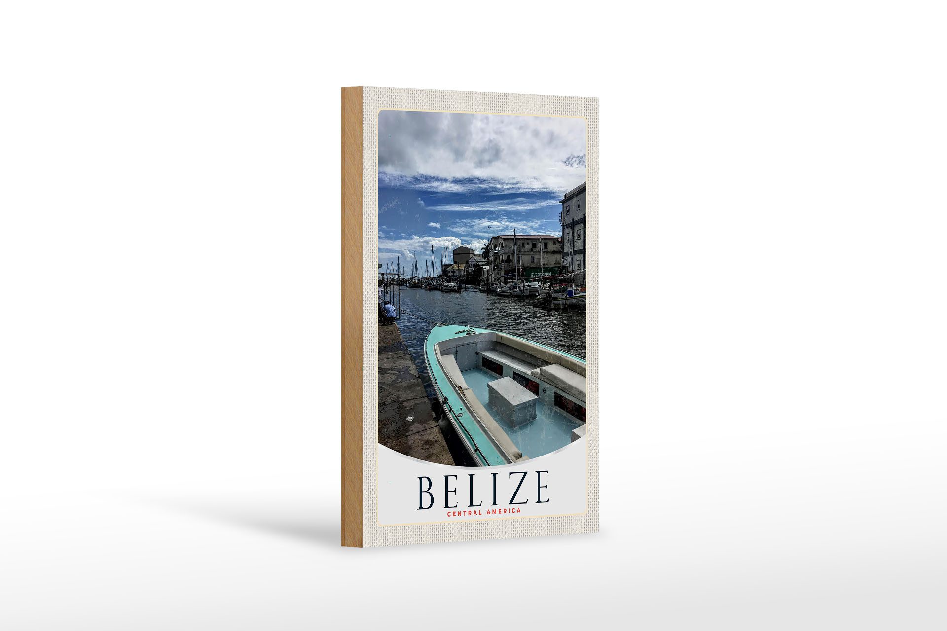Holzbild Reise 12x18 cm Belize Central Amerika Boote Ufer