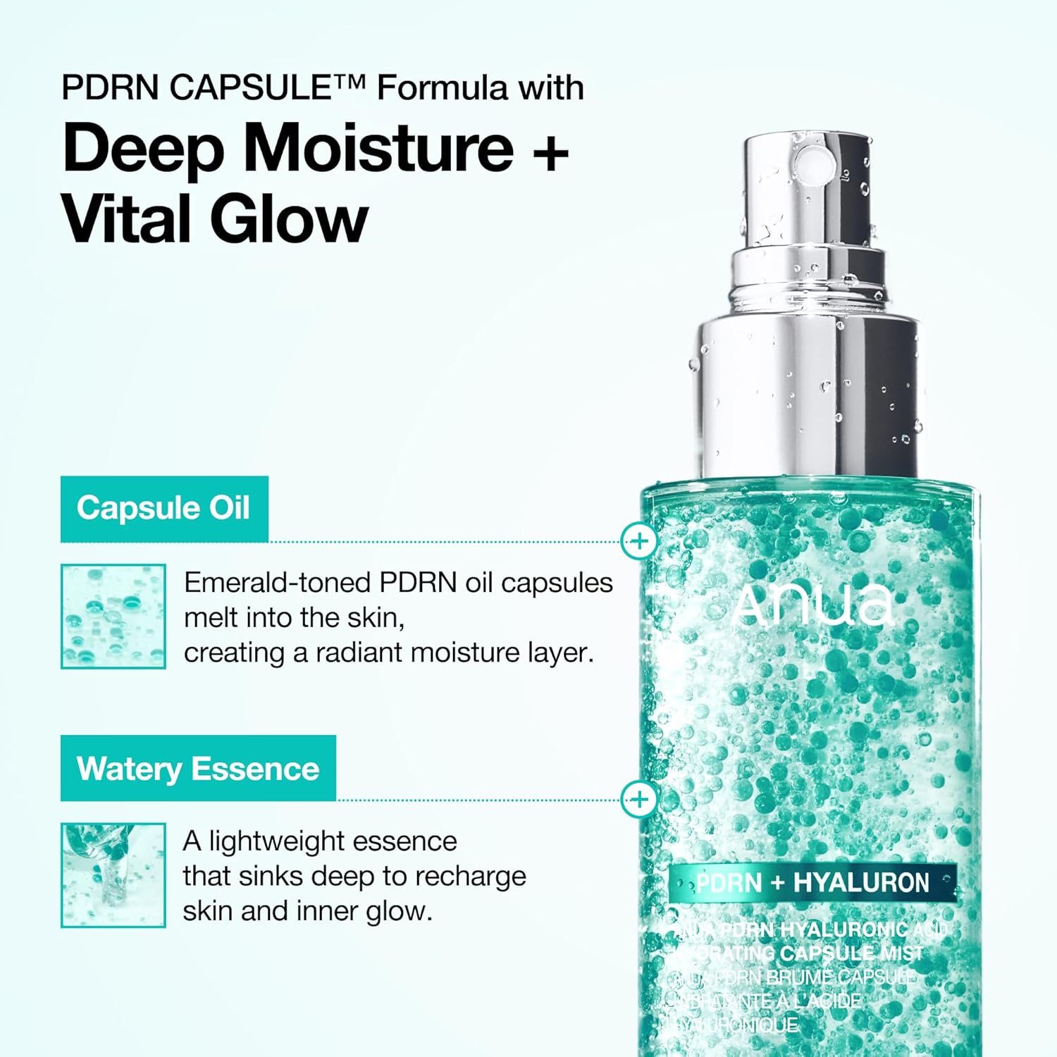 Anua Gesichtsserum PDRN Hyaluronic Acid Hydrating Capsule Mist 100ml Spray – feuchtigkeitsspendendes Gesichtsspray mit Kapseltechnologie, Glow-Finish, Hyaluronsäure, PDRN & Kollagen – für alle Hauttypen