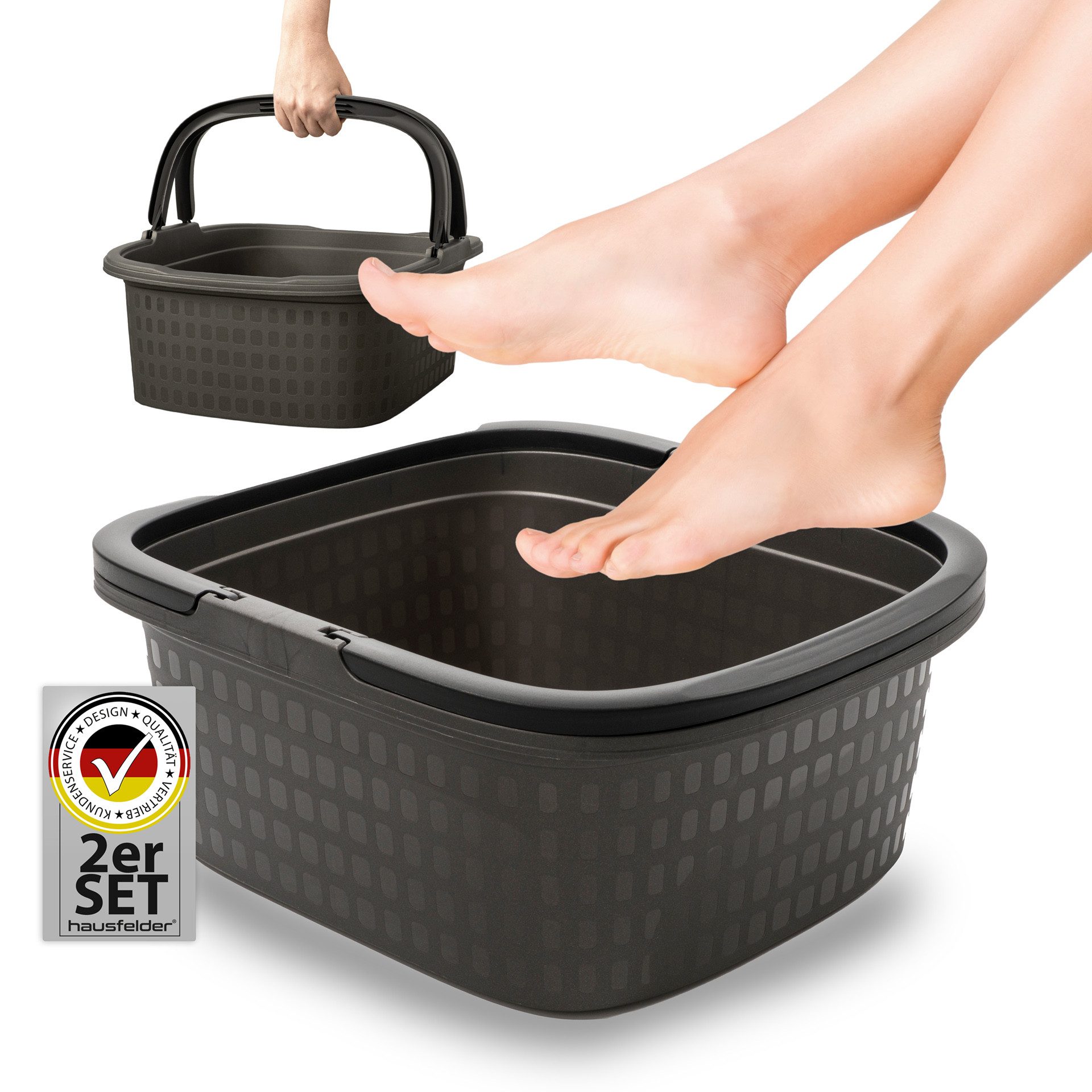 Hausfelder Fußbad 2er Set Fußwanne mit Henkeln, 16l. rechteckig, Anthrazit, 2er Set, 2-tlg., Set, mit praktischen Henkeln, robust, leicht