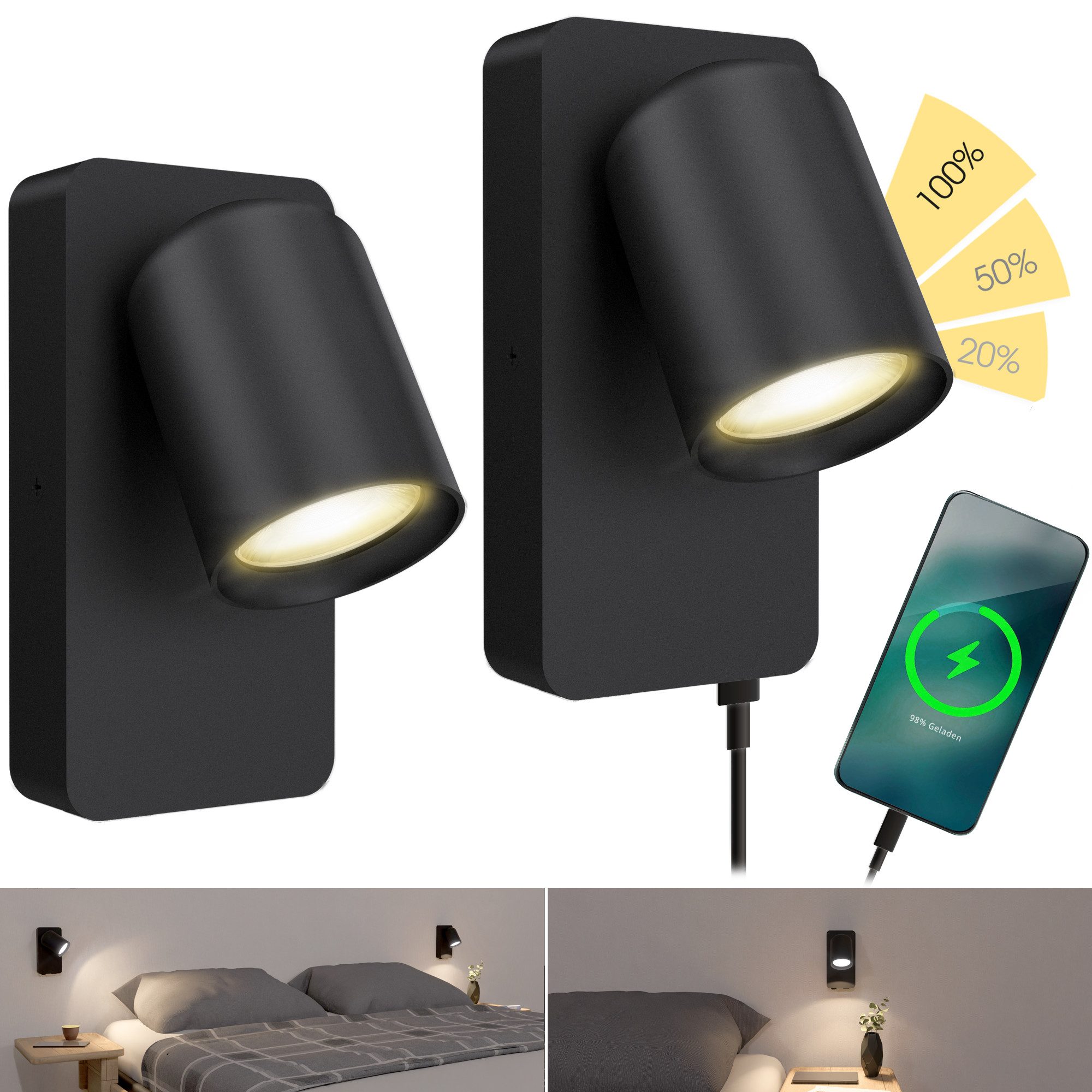 SSC-LUXon LED Wandleuchte NERU Wandleuchte schwarz USB mit fourSTEP LED GU10 warmweiß, Warmweiß
