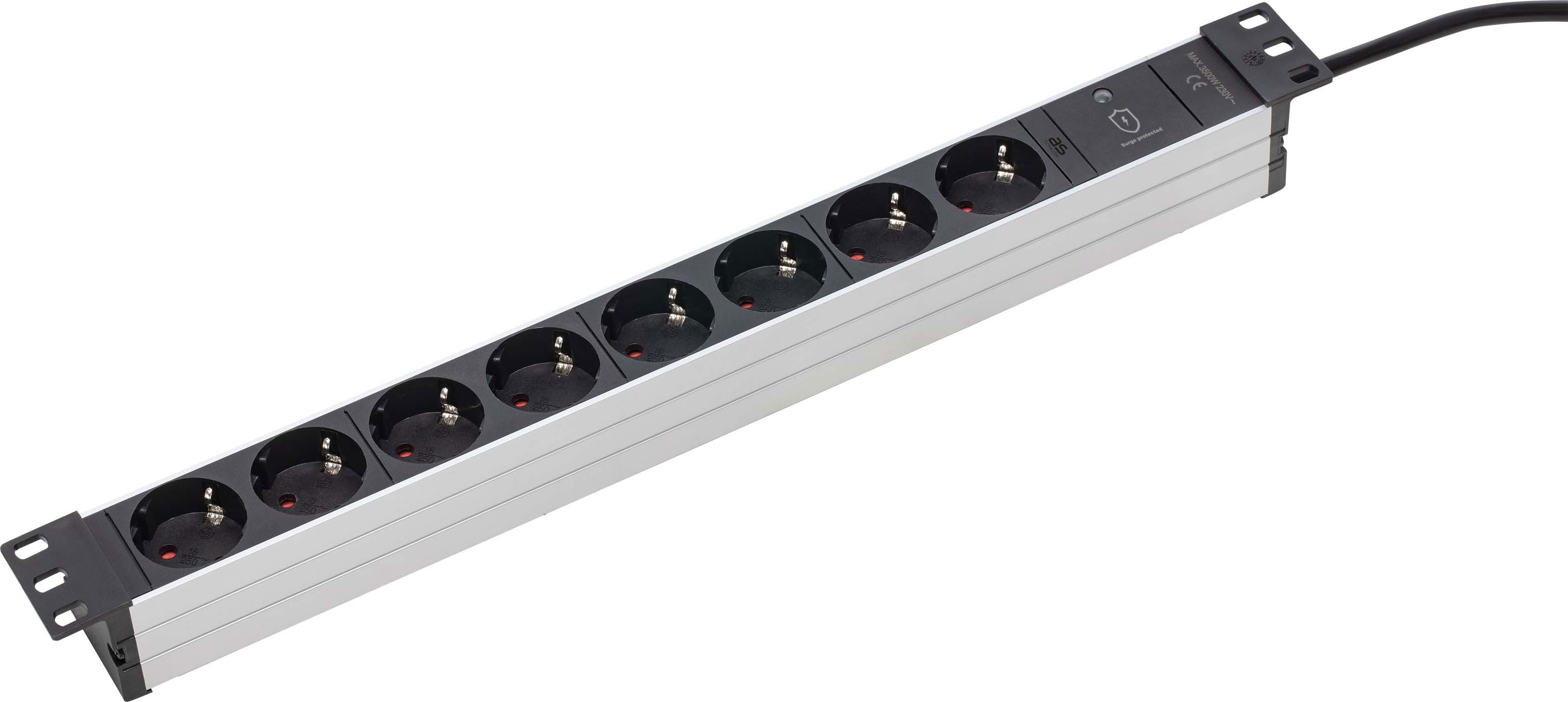 as - Schwabe Alu-Steckdosenleiste 8-fach ÜS, schwarz/silber Steckdosenleiste (Schutzkontaktkupplung, Überspannungsschutz, Kabellänge 2 m), Überspannungsschutz mit optischer Anzeige